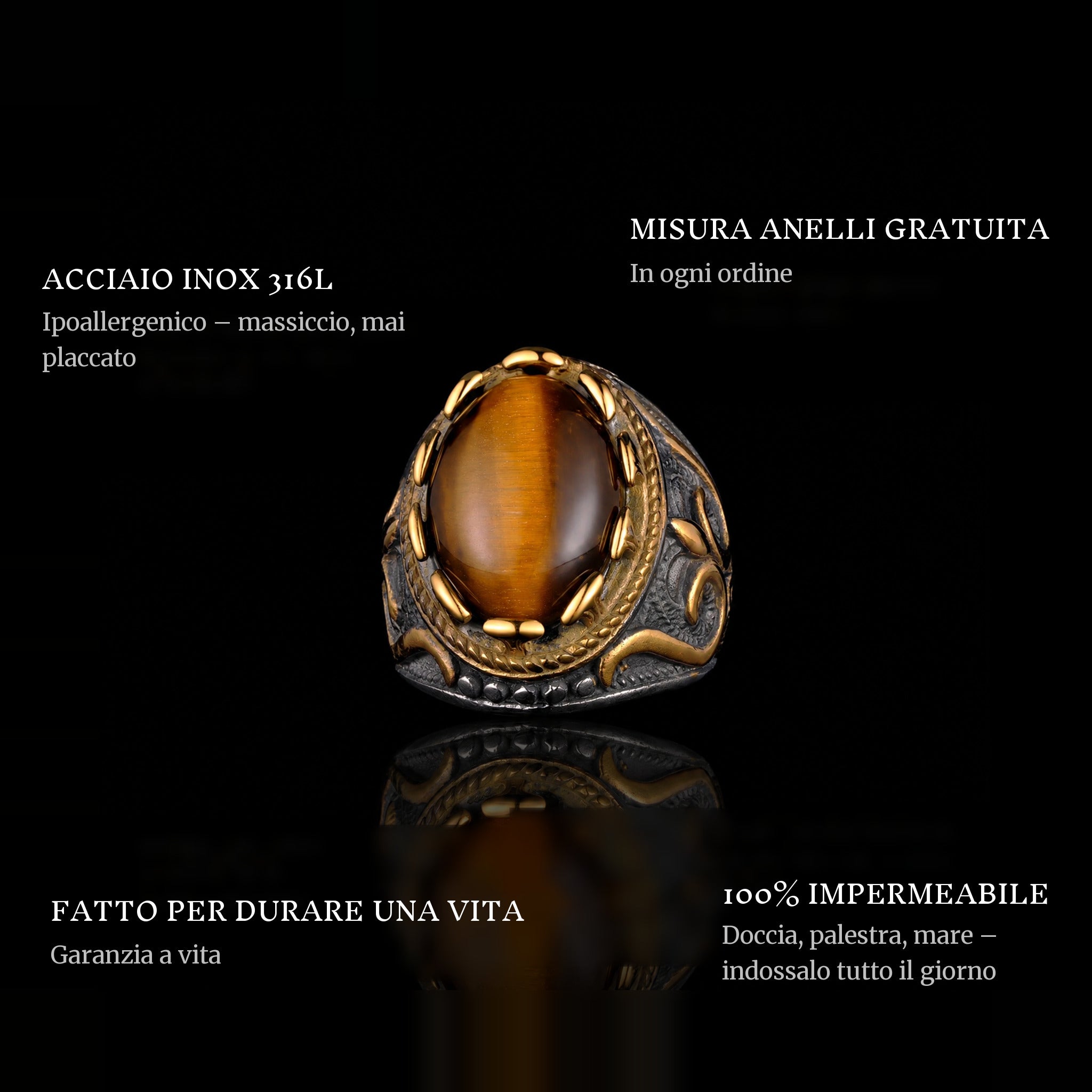Farao ring features: 316L stainless steel, free ring sizer in every order, 100% waterproof, lifetime guarantee