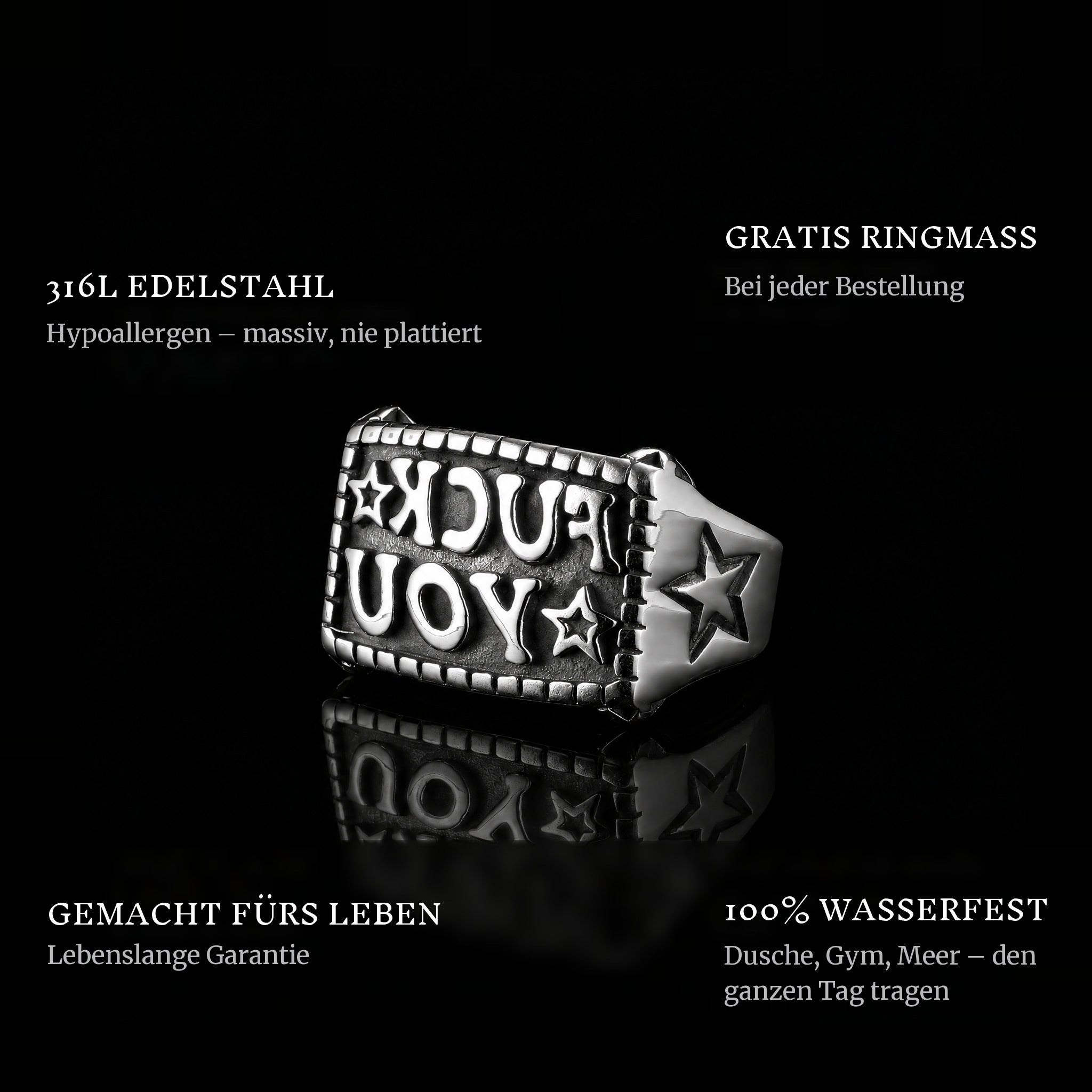 F*Ck ring features: 316L stainless steel, free ring sizer in every order, 100% waterproof, lifetime guarantee