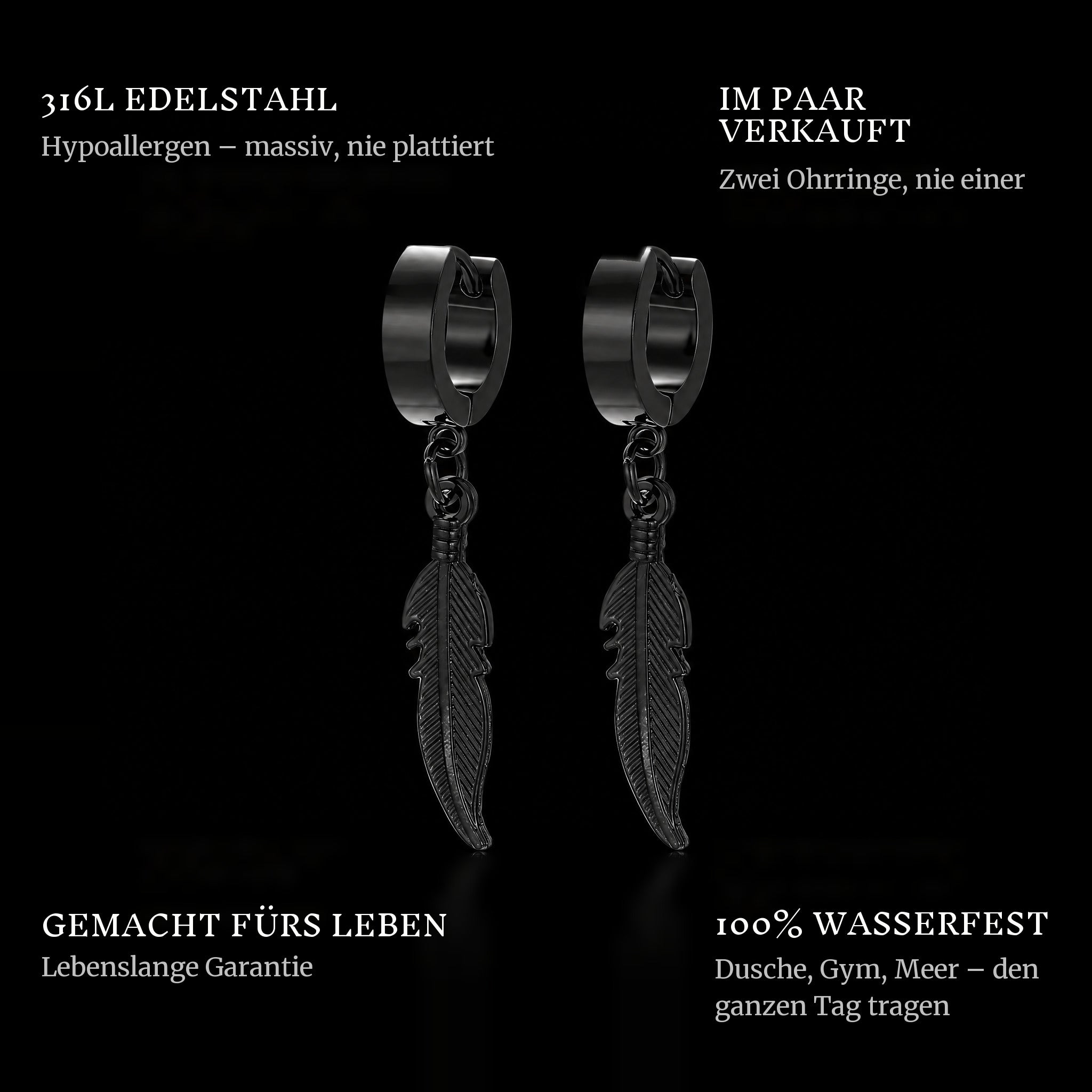 Feather Black features: 316L stainless steel, sold as a pair, 100% waterproof, lifetime guarantee