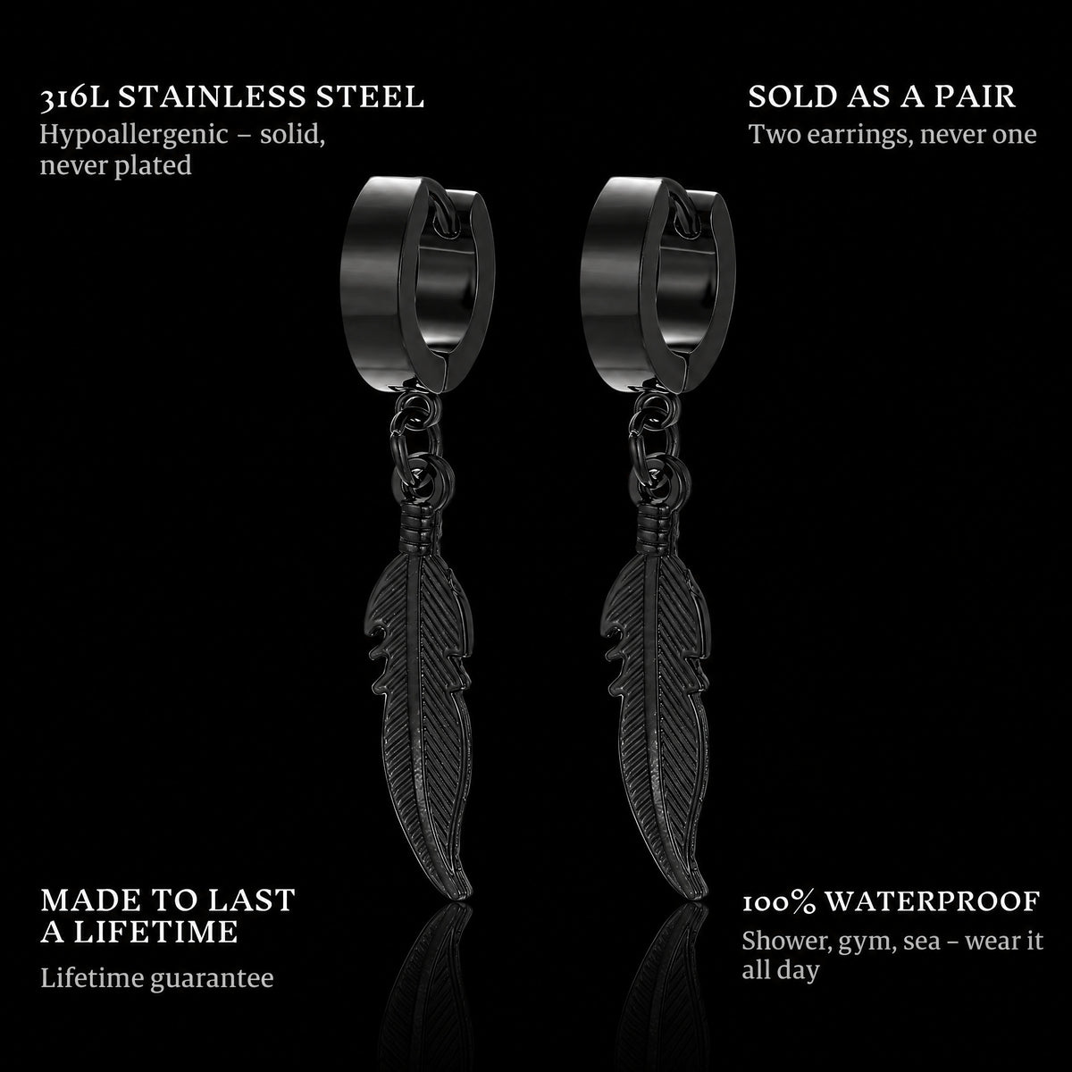 Feather Black features: 316L stainless steel, sold as a pair, 100% waterproof, lifetime guarantee