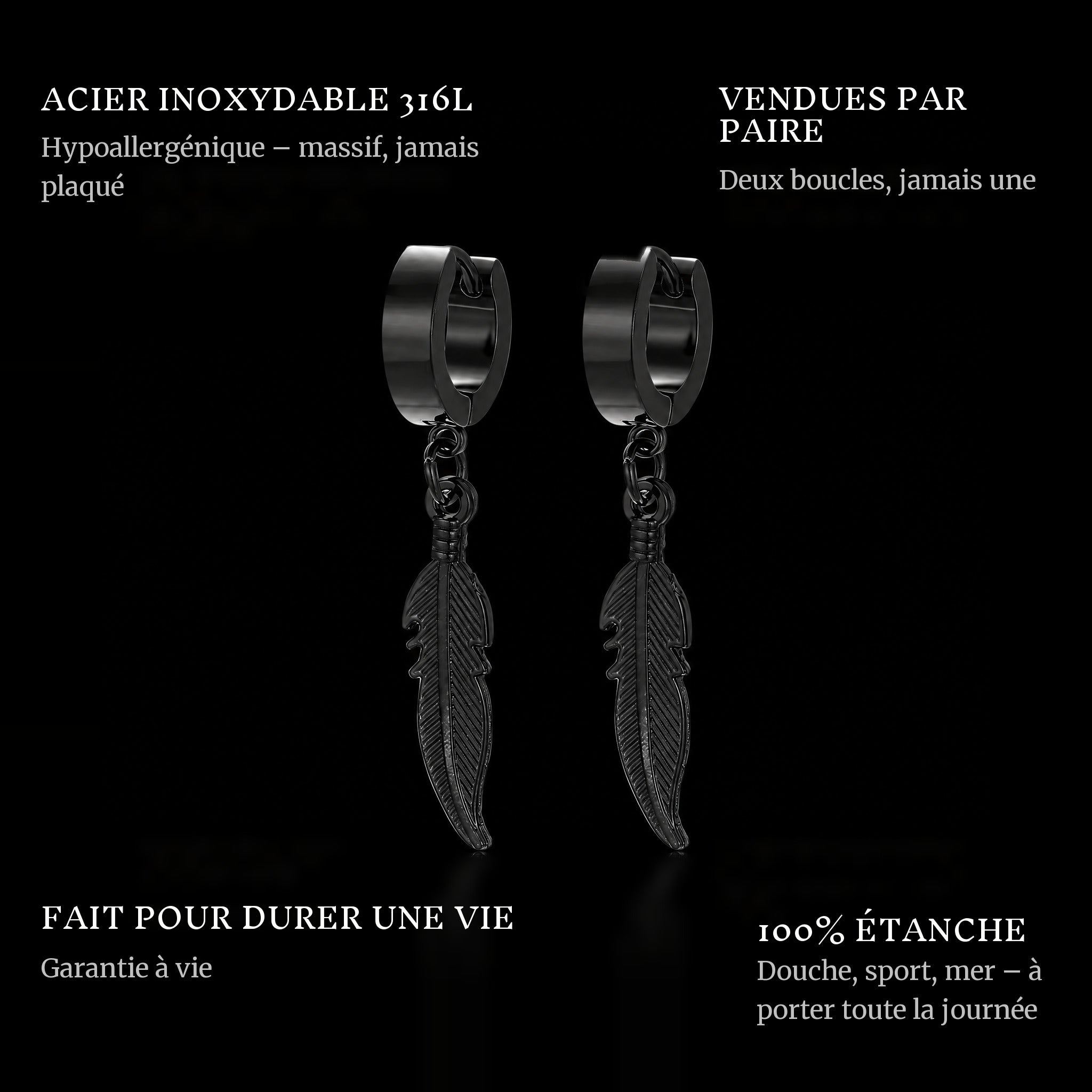 Feather Black features: 316L stainless steel, sold as a pair, 100% waterproof, lifetime guarantee