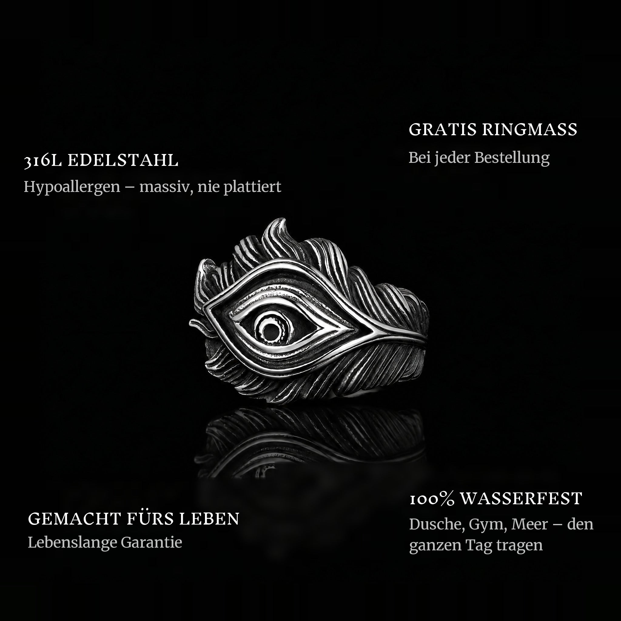 Feather Eye ring features: 316L stainless steel, free ring sizer in every order, 100% waterproof, lifetime guarantee