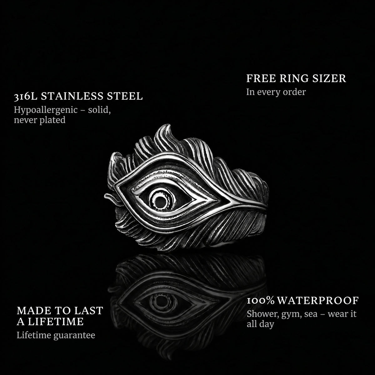 Feather Eye ring features: 316L stainless steel, free ring sizer in every order, 100% waterproof, lifetime guarantee