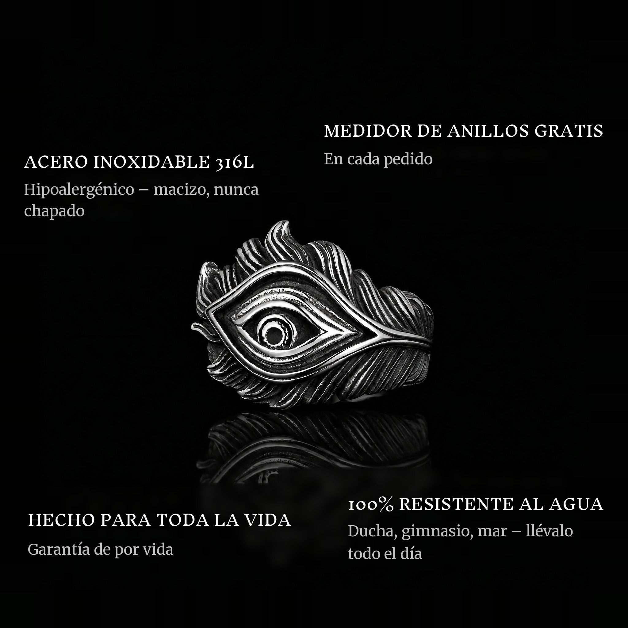 Feather Eye ring features: 316L stainless steel, free ring sizer in every order, 100% waterproof, lifetime guarantee