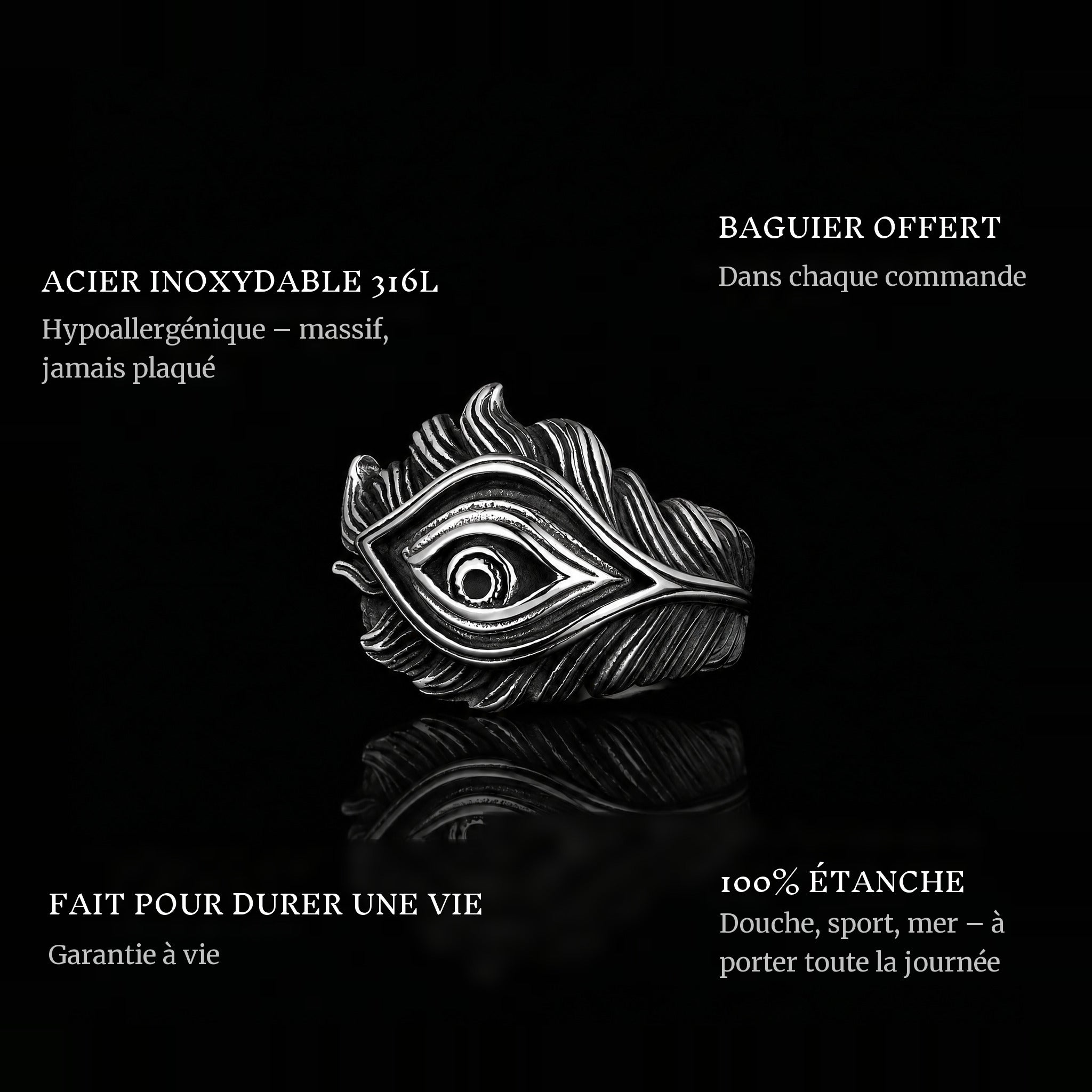 Feather Eye ring features: 316L stainless steel, free ring sizer in every order, 100% waterproof, lifetime guarantee