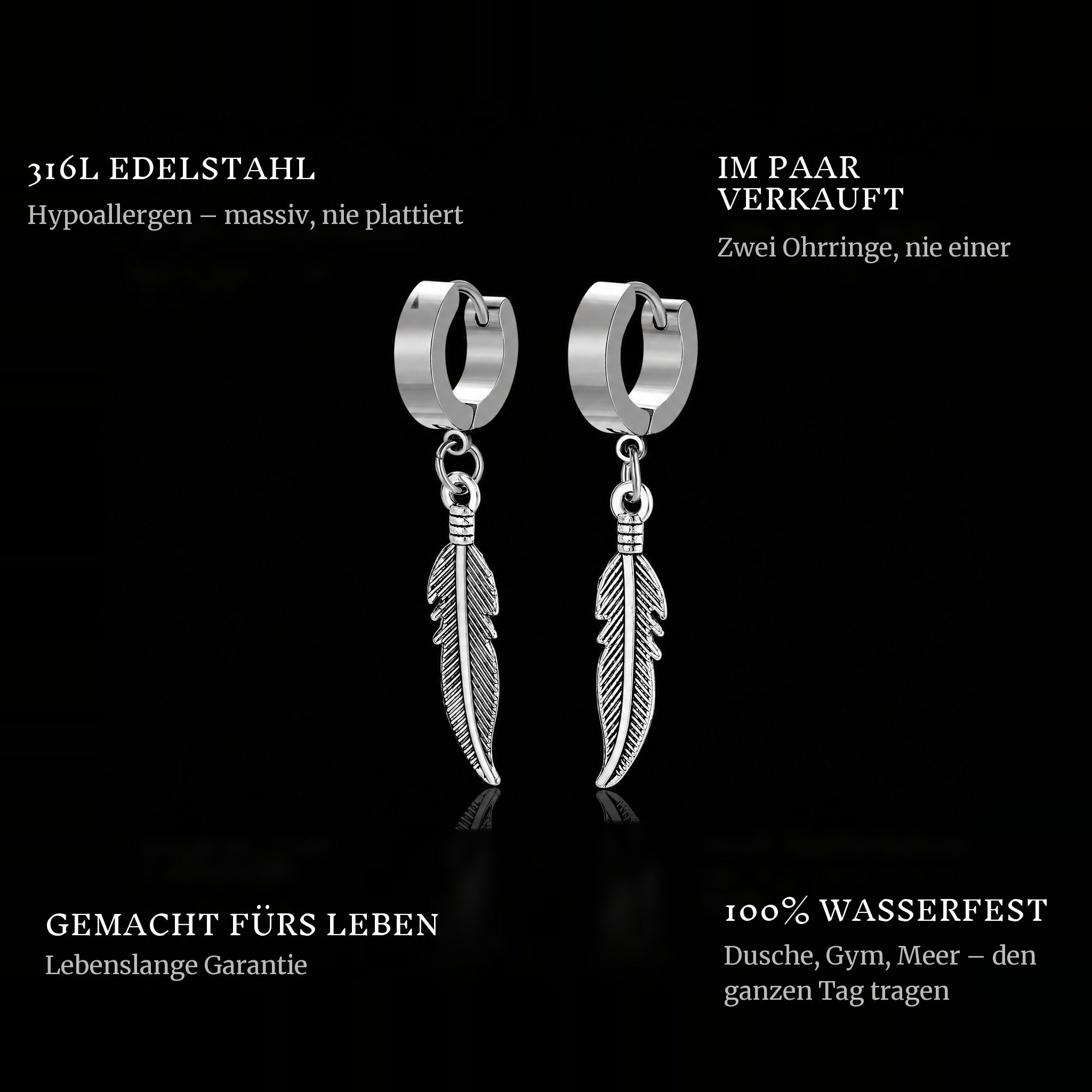 Feather features: 316L stainless steel, sold as a pair, 100% waterproof, lifetime guarantee