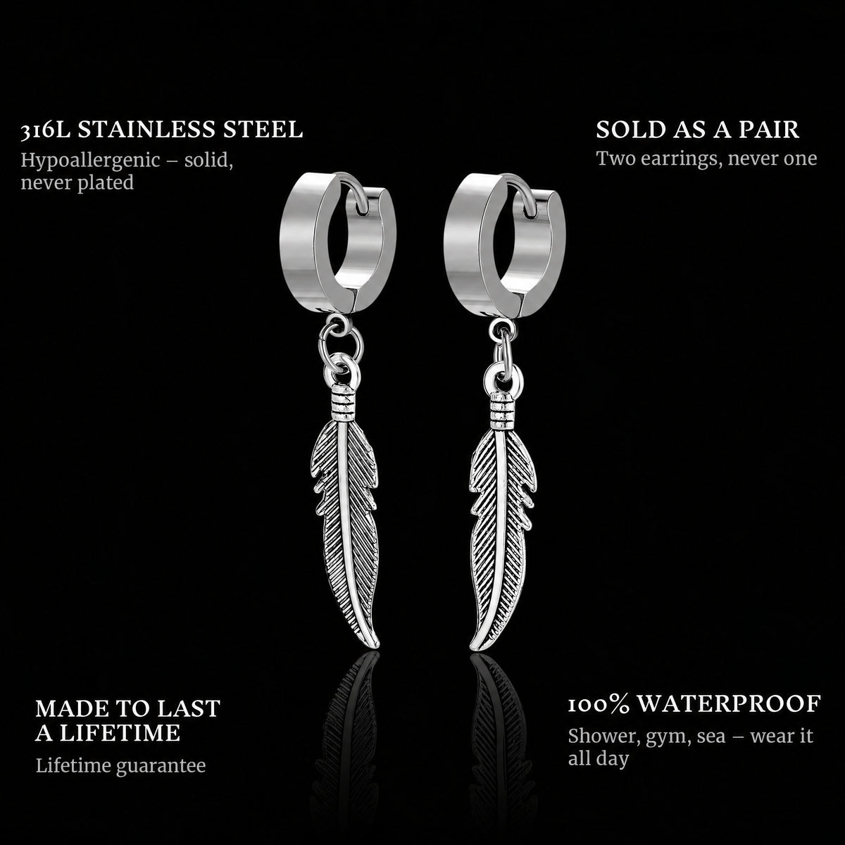 Feather features: 316L stainless steel, sold as a pair, 100% waterproof, lifetime guarantee
