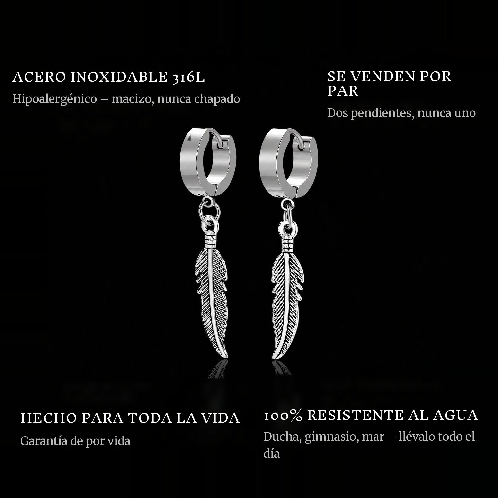 Feather features: 316L stainless steel, sold as a pair, 100% waterproof, lifetime guarantee