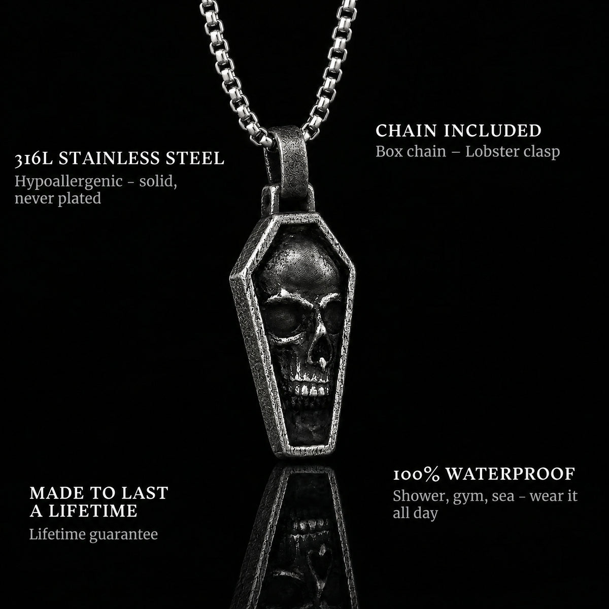 Final Stare pendant features: 316L stainless steel, chain included, 100% waterproof, lifetime guarantee