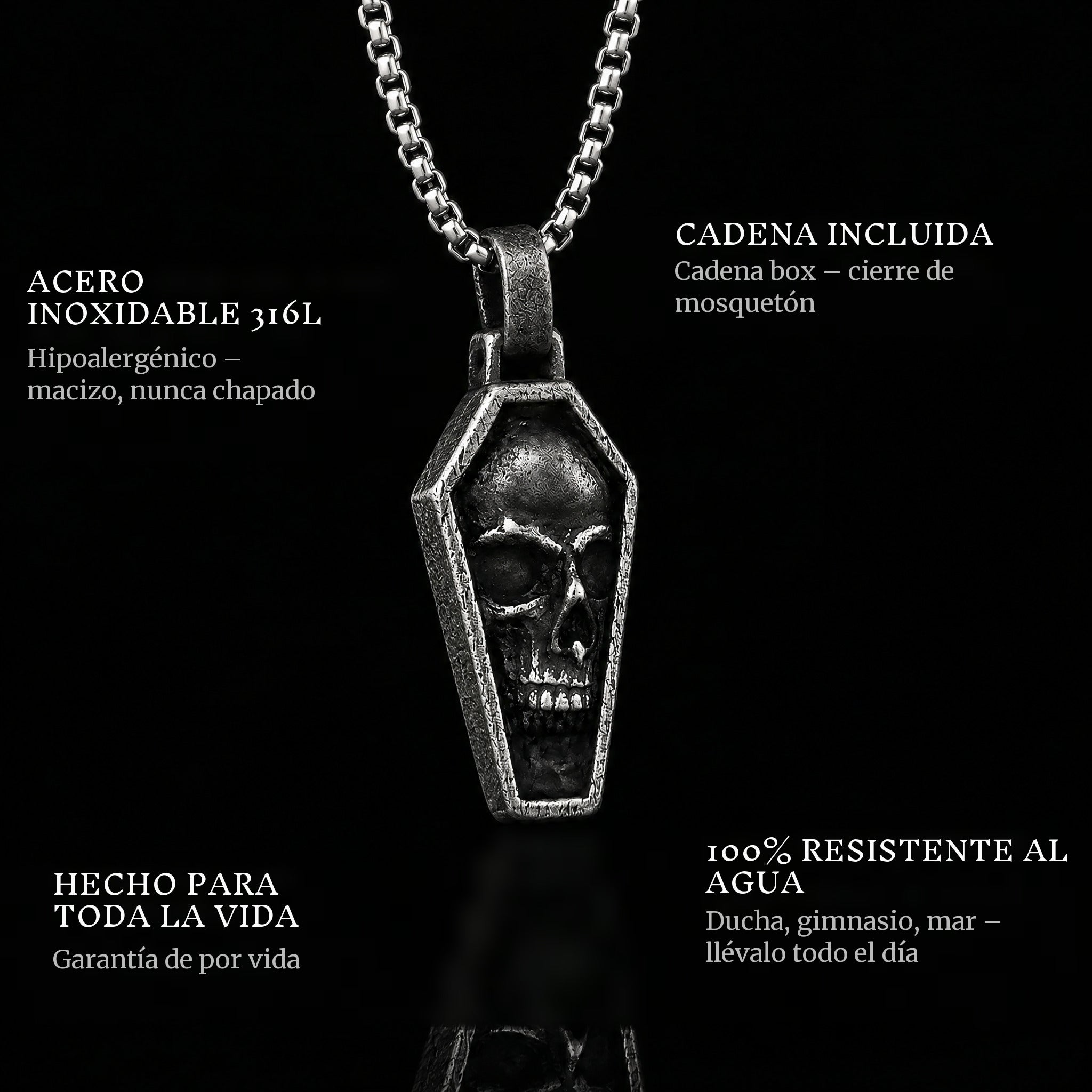Final Stare pendant features: 316L stainless steel, chain included, 100% waterproof, lifetime guarantee