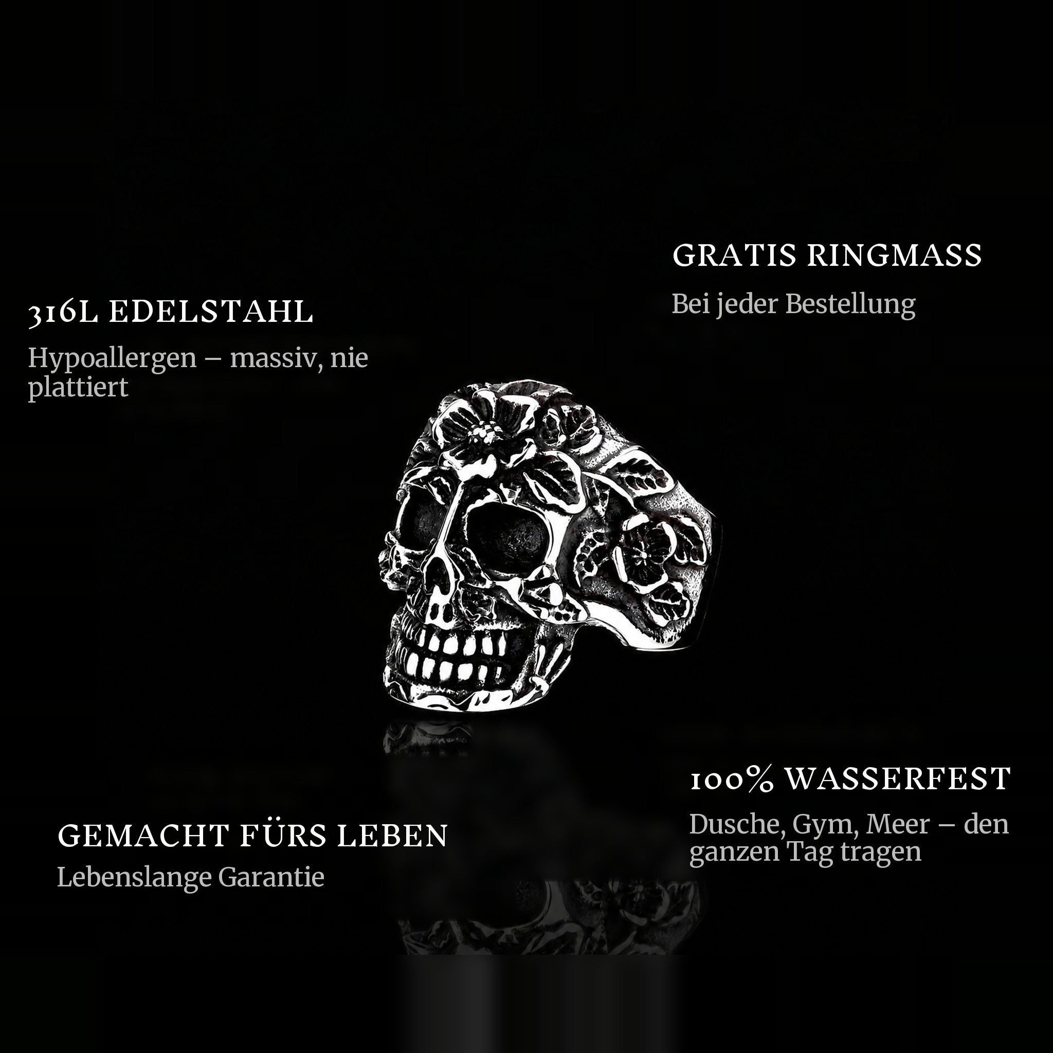 Flowers Of Death ring features: 316L stainless steel, free ring sizer in every order, 100% waterproof, lifetime guarantee