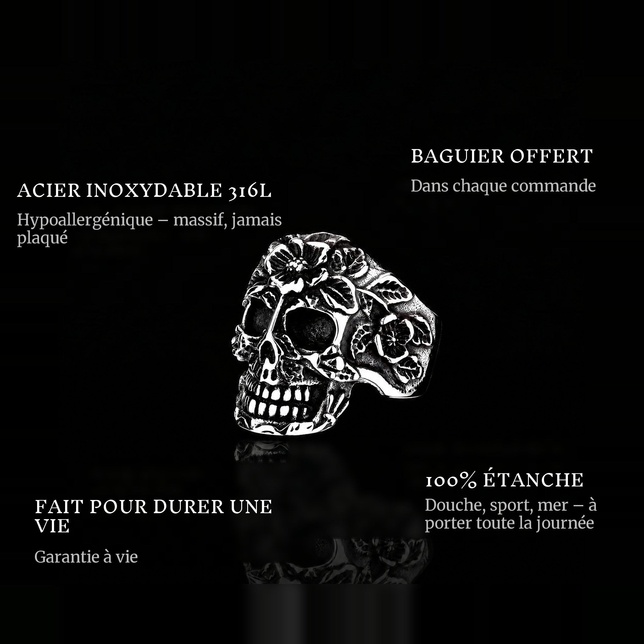 Flowers Of Death ring features: 316L stainless steel, free ring sizer in every order, 100% waterproof, lifetime guarantee