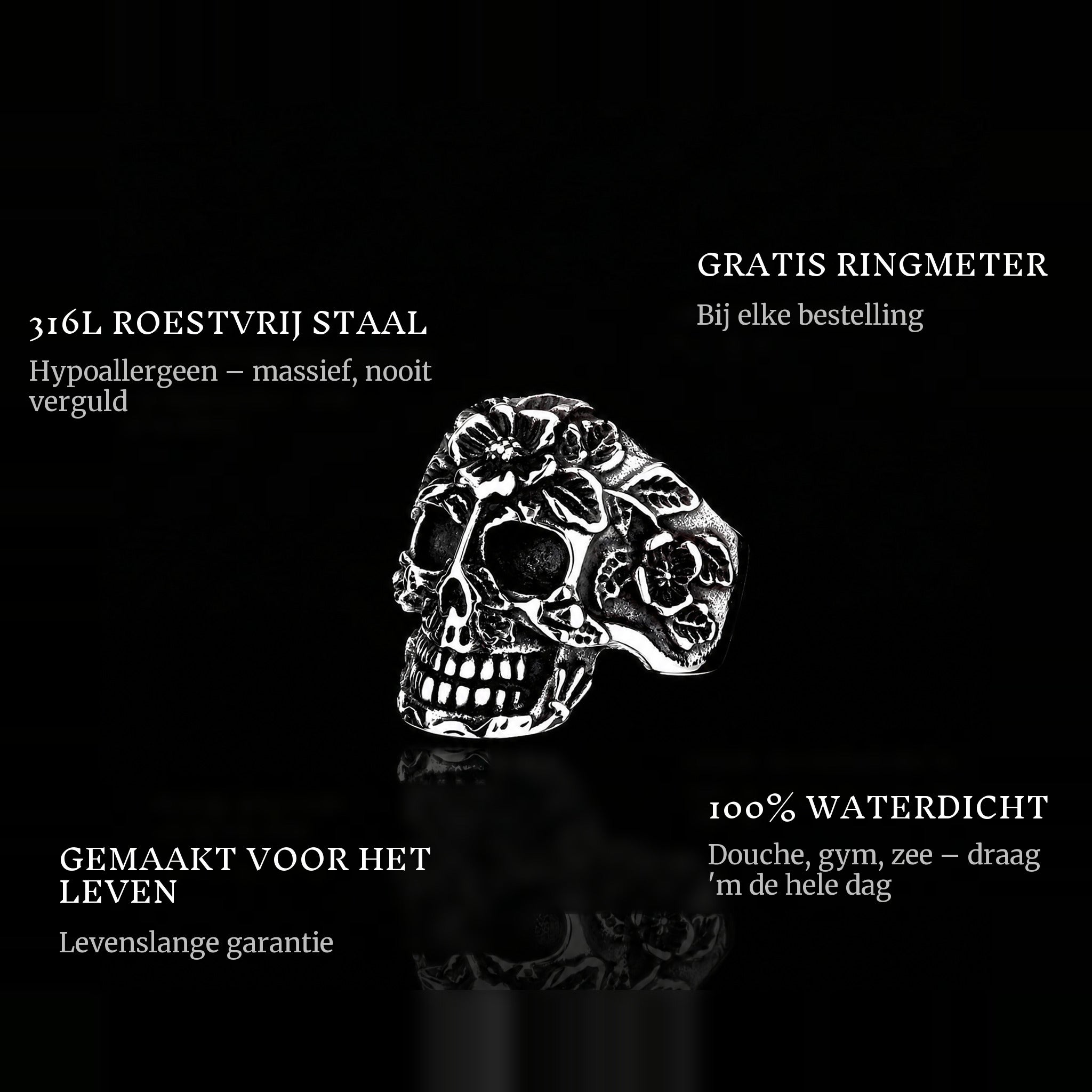 Flowers Of Death ring features: 316L stainless steel, free ring sizer in every order, 100% waterproof, lifetime guarantee