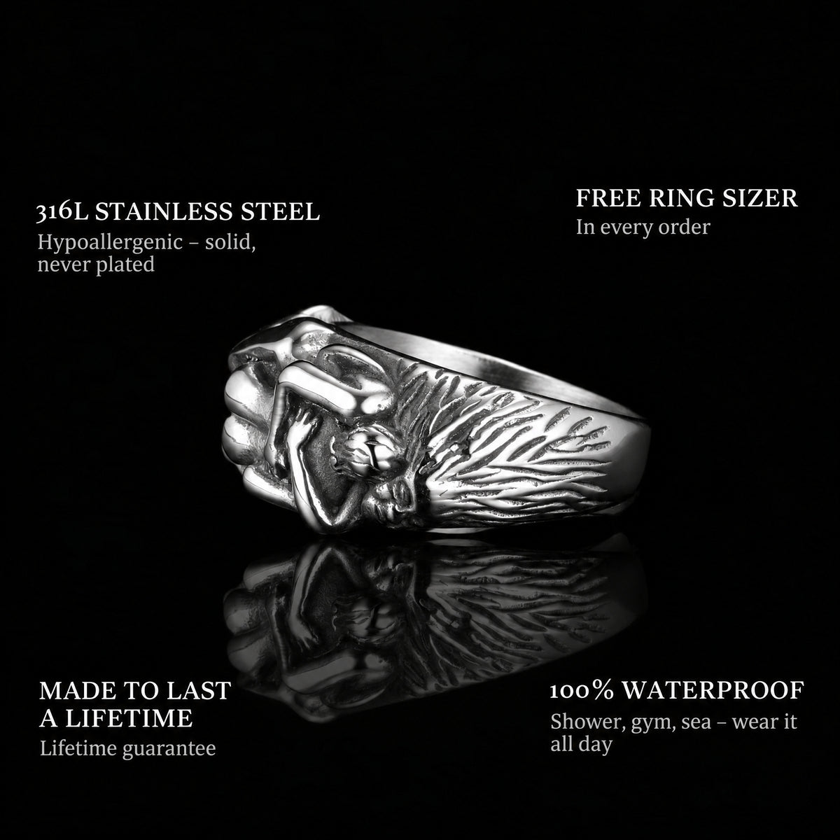 Forbidden Love ring features: 316L stainless steel, free ring sizer in every order, 100% waterproof, lifetime guarantee