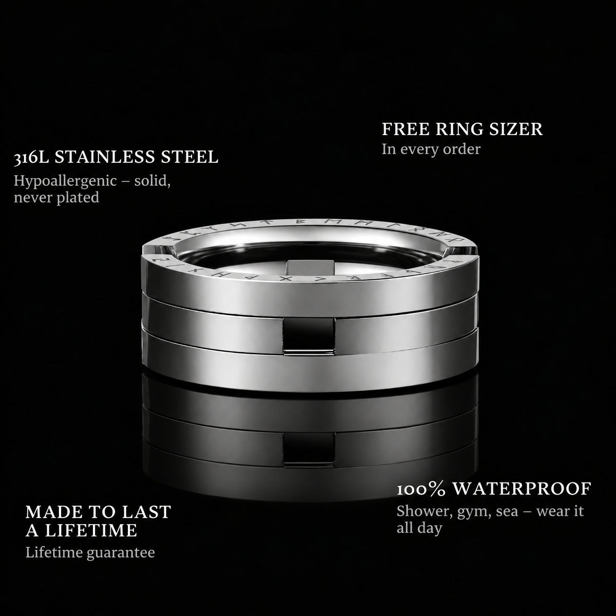 Forever Ring ring features: 316L stainless steel, free ring sizer in every order, 100% waterproof, lifetime guarantee