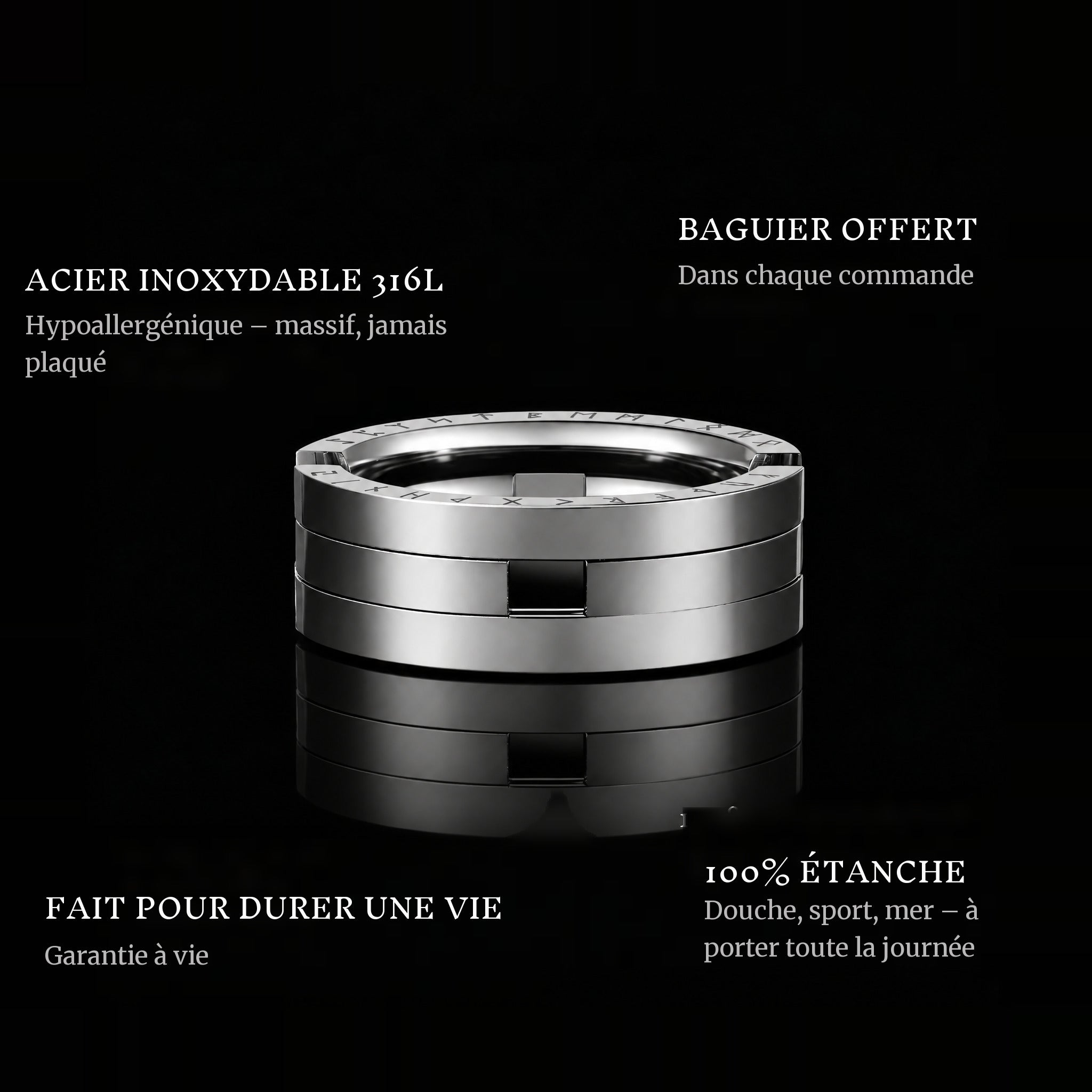 Forever Ring ring features: 316L stainless steel, free ring sizer in every order, 100% waterproof, lifetime guarantee