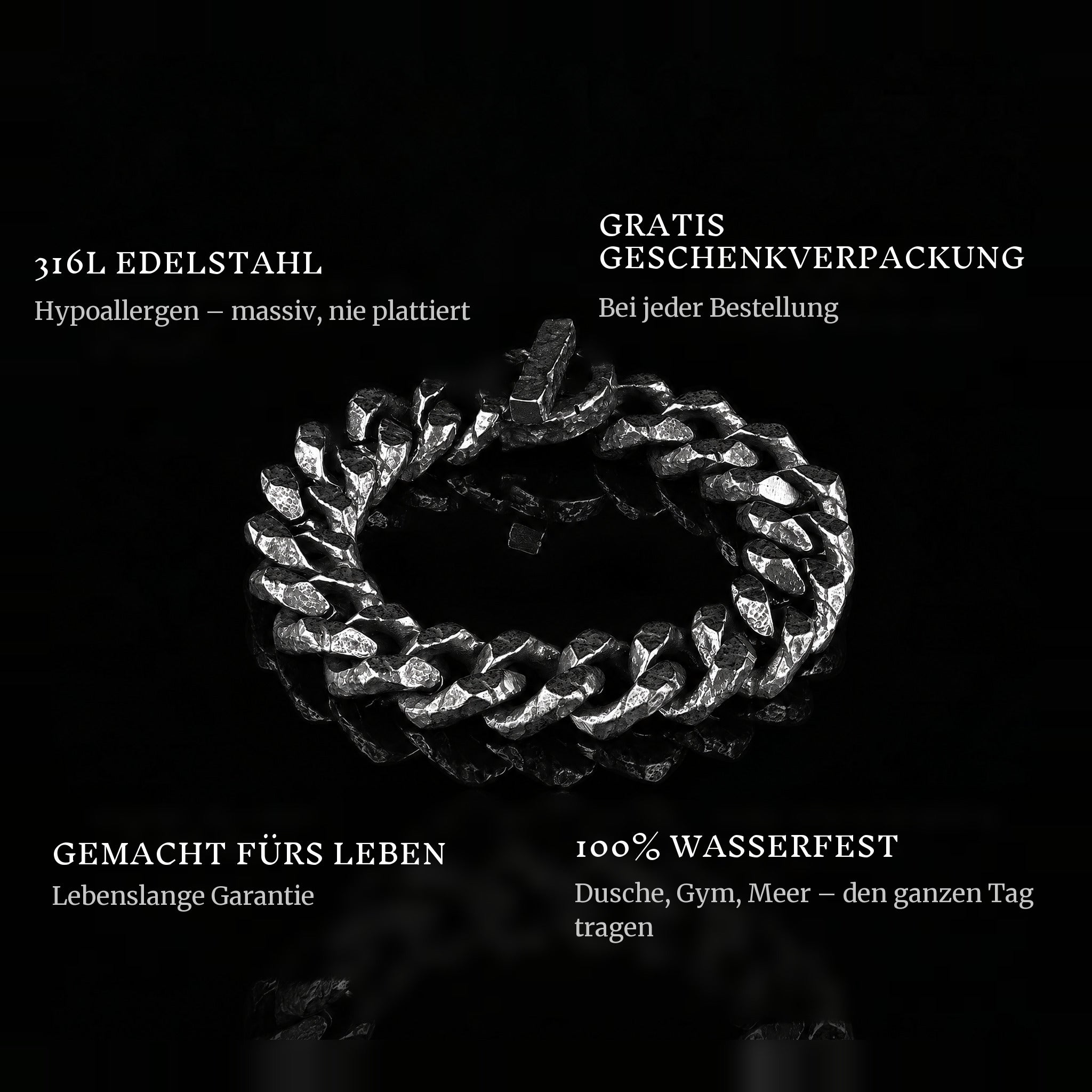 Forged Bind features: 316L stainless steel, free gift packaging, 100% waterproof, lifetime guarantee
