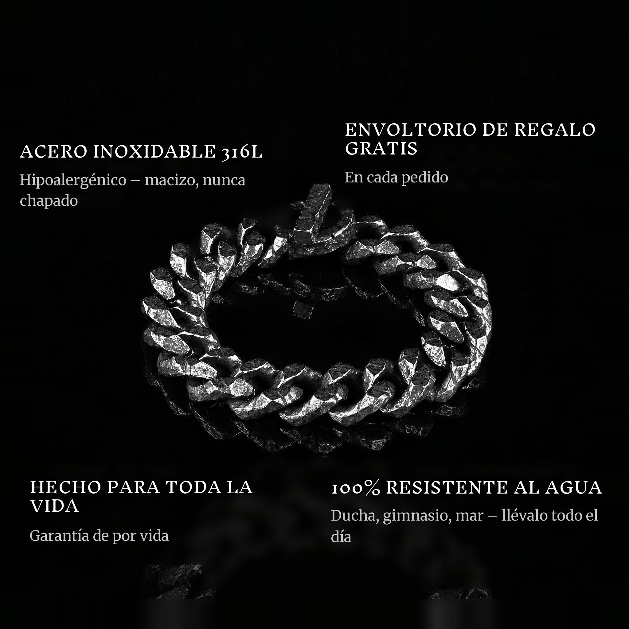 Forged Bind features: 316L stainless steel, free gift packaging, 100% waterproof, lifetime guarantee