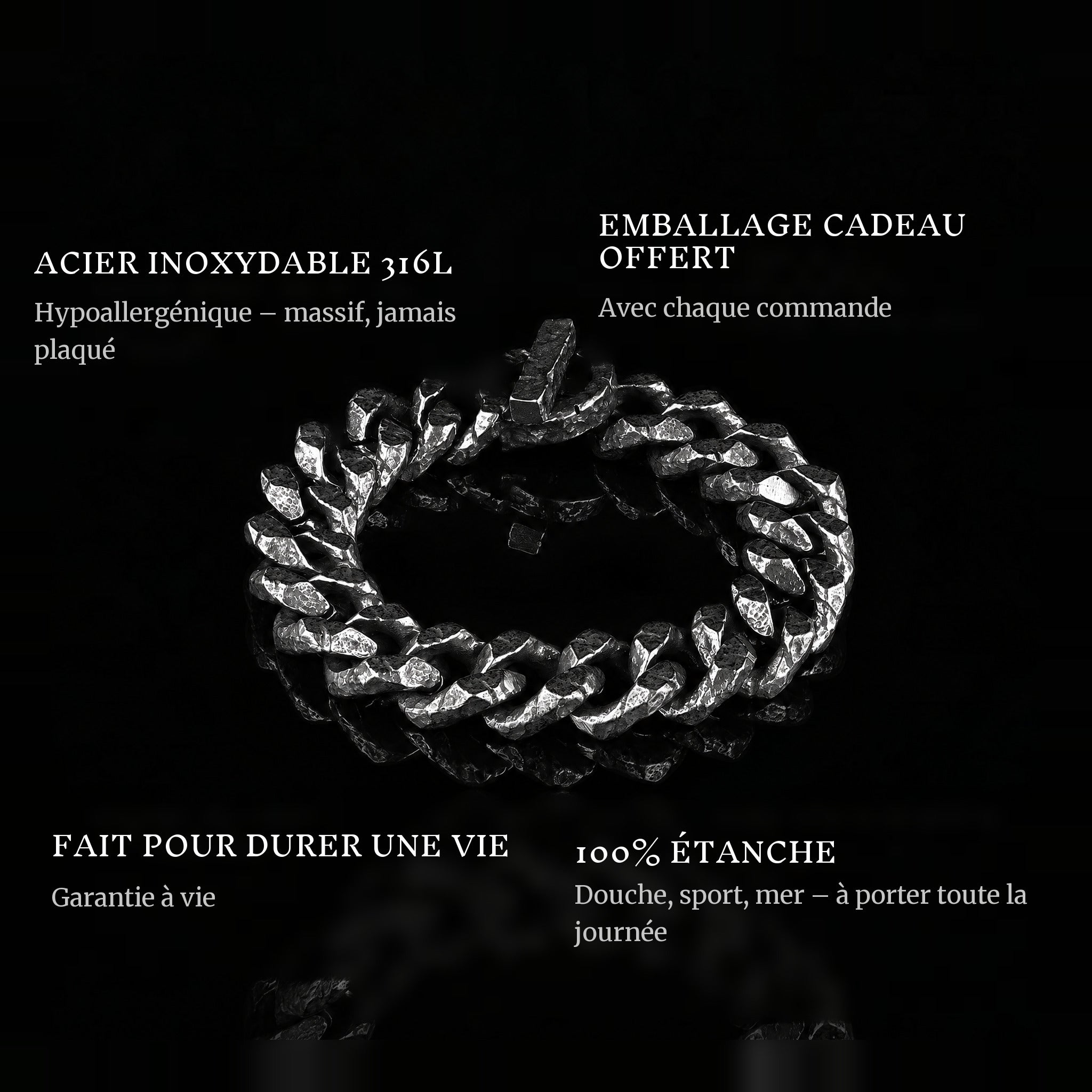 Forged Bind features: 316L stainless steel, free gift packaging, 100% waterproof, lifetime guarantee