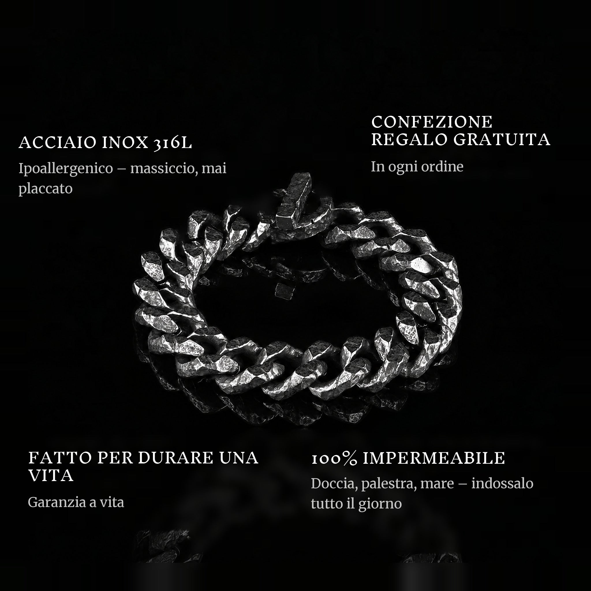 Forged Bind features: 316L stainless steel, free gift packaging, 100% waterproof, lifetime guarantee