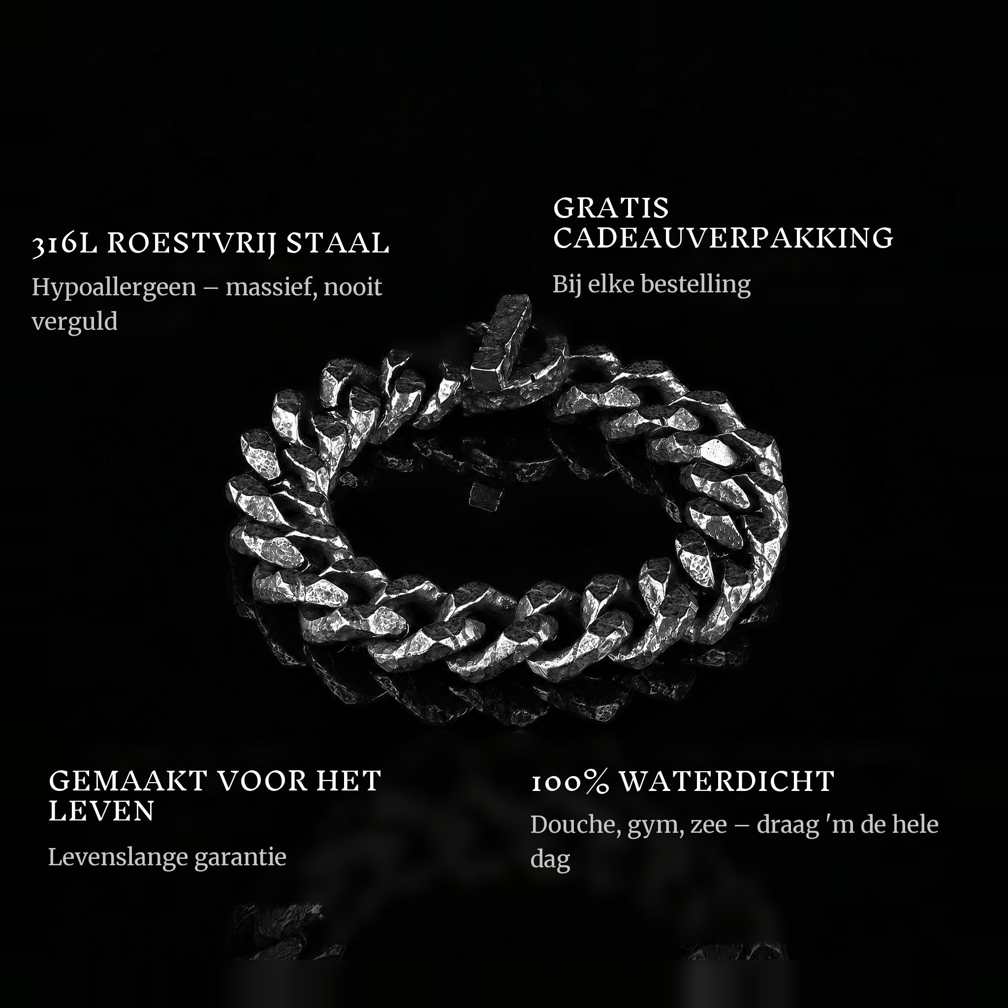 Forged Bind features: 316L stainless steel, free gift packaging, 100% waterproof, lifetime guarantee