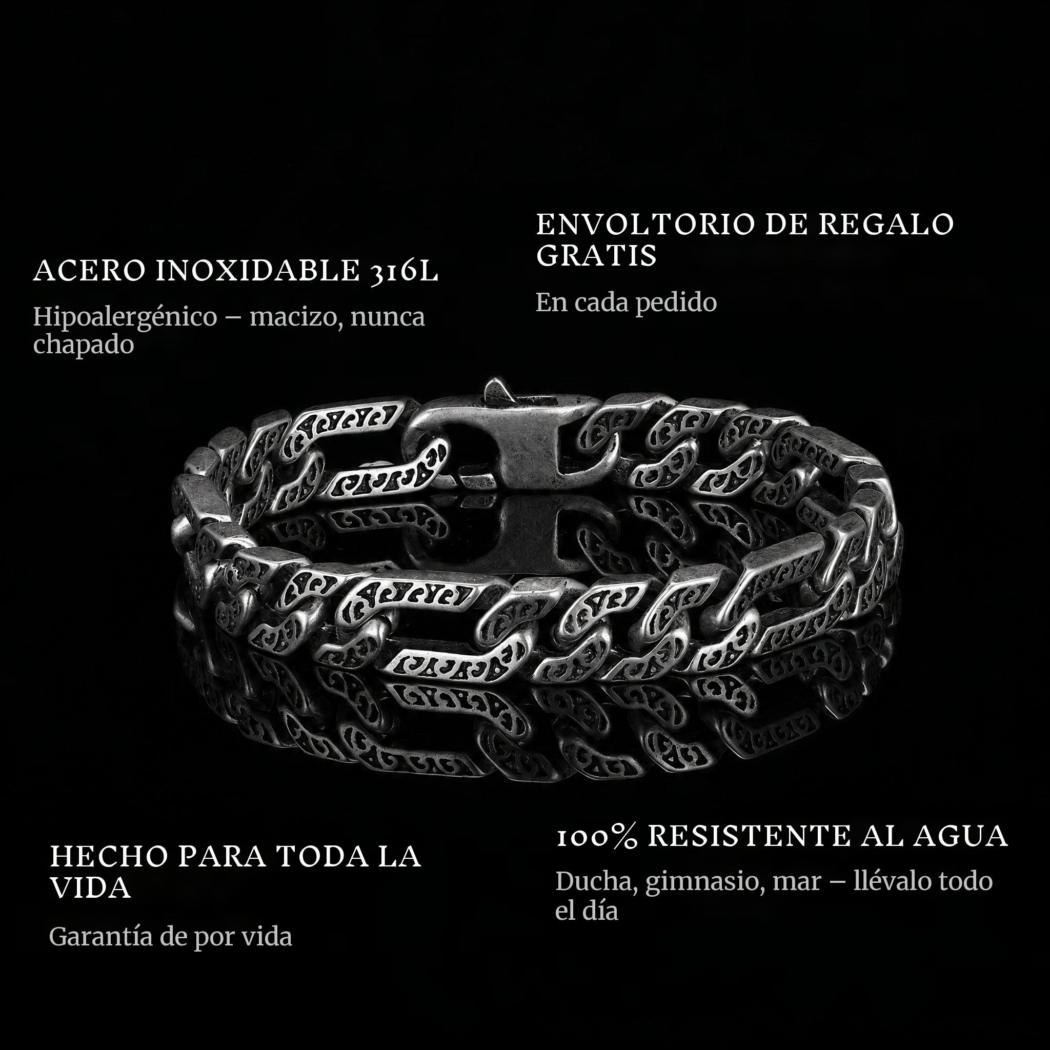 Forged Bond features: 316L stainless steel, free gift packaging, 100% waterproof, lifetime guarantee