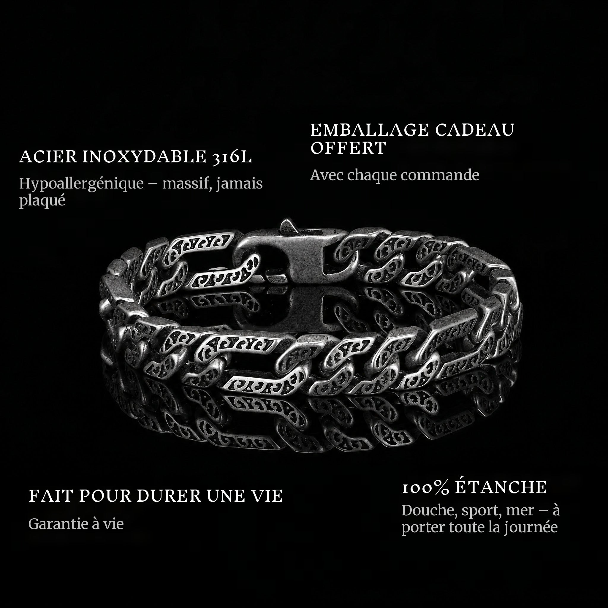 Forged Bond features: 316L stainless steel, free gift packaging, 100% waterproof, lifetime guarantee