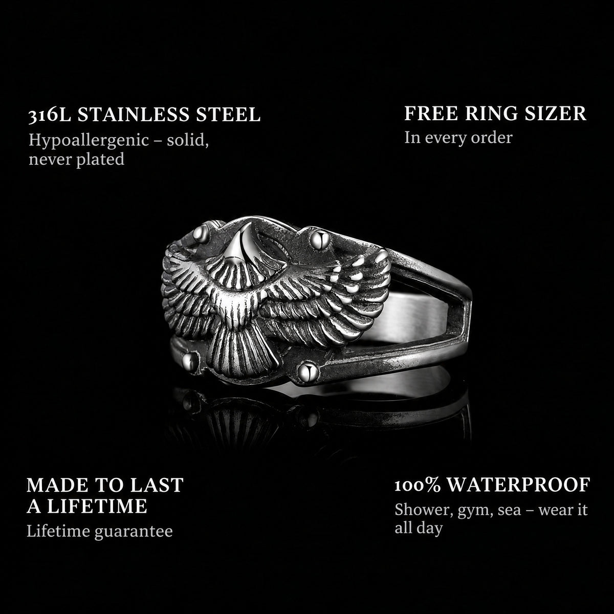 Free As A Bird ring features: 316L stainless steel, free ring sizer in every order, 100% waterproof, lifetime guarantee