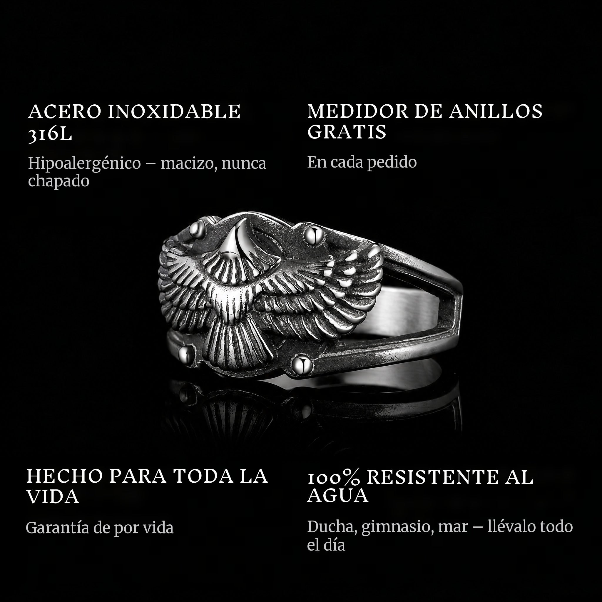 Free As A Bird ring features: 316L stainless steel, free ring sizer in every order, 100% waterproof, lifetime guarantee