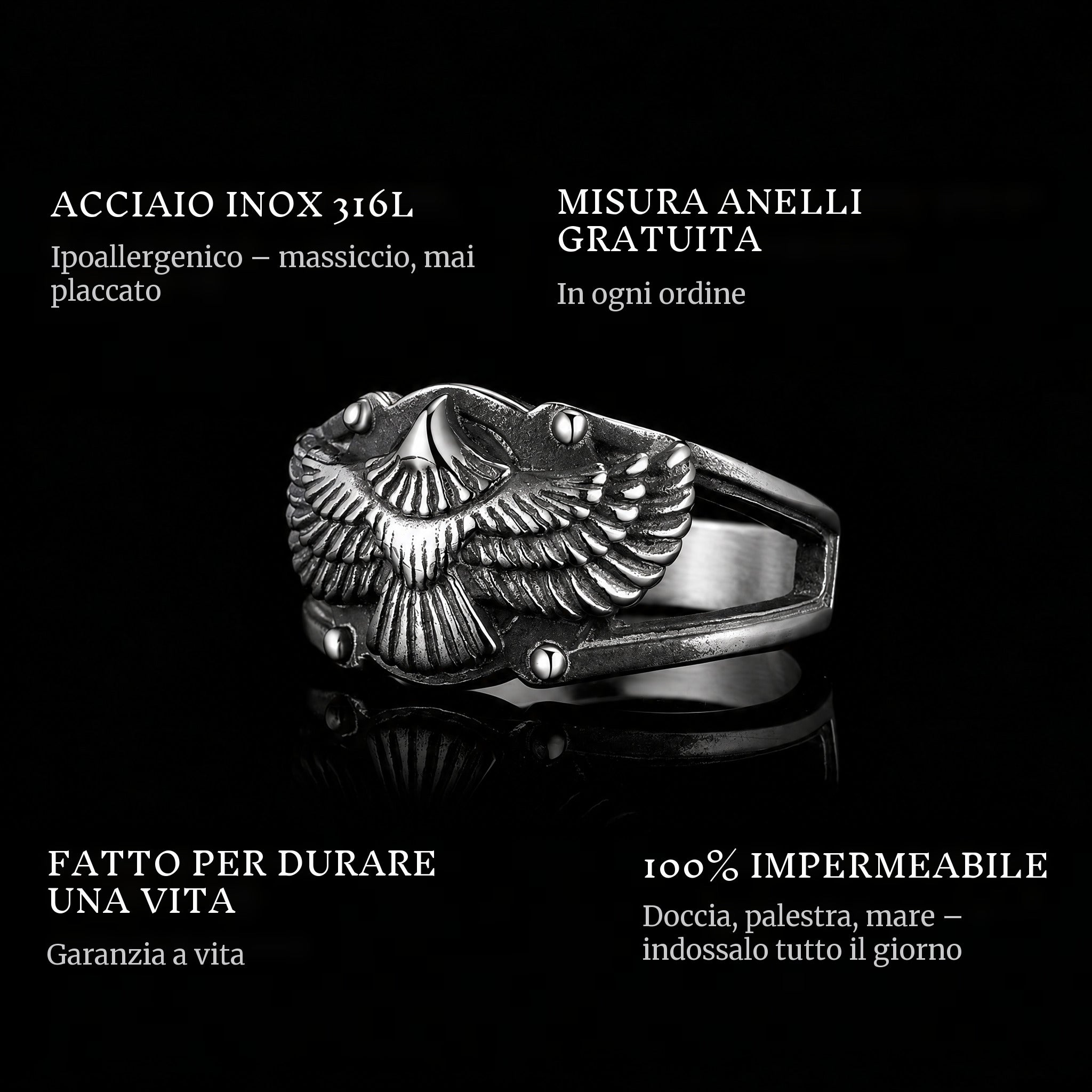 Free As A Bird ring features: 316L stainless steel, free ring sizer in every order, 100% waterproof, lifetime guarantee