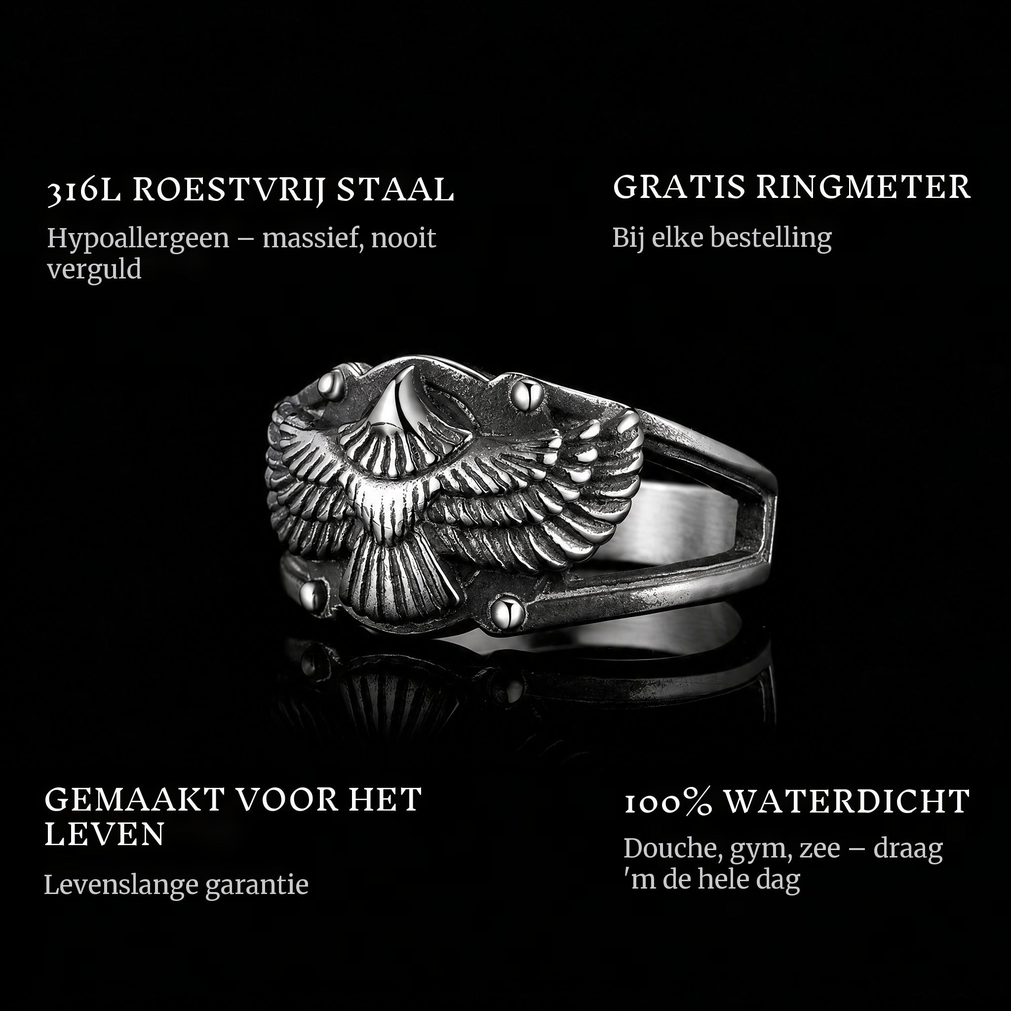 Free As A Bird ring features: 316L stainless steel, free ring sizer in every order, 100% waterproof, lifetime guarantee