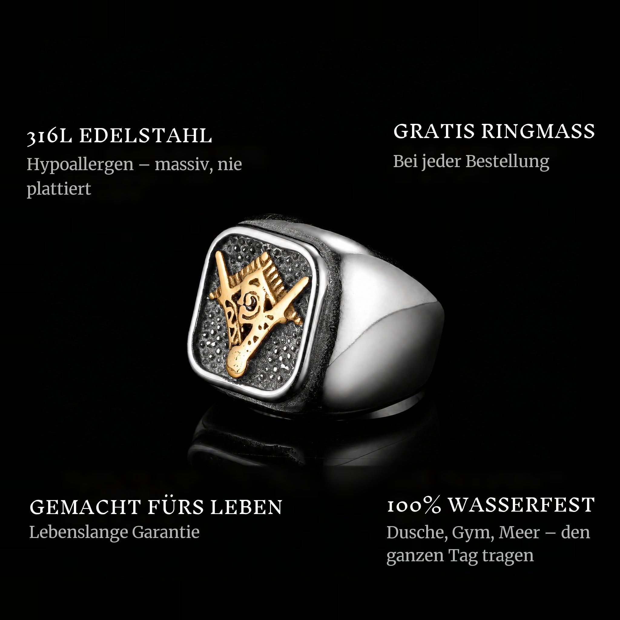 Free Mason ring features: 316L stainless steel, free ring sizer in every order, 100% waterproof, lifetime guarantee