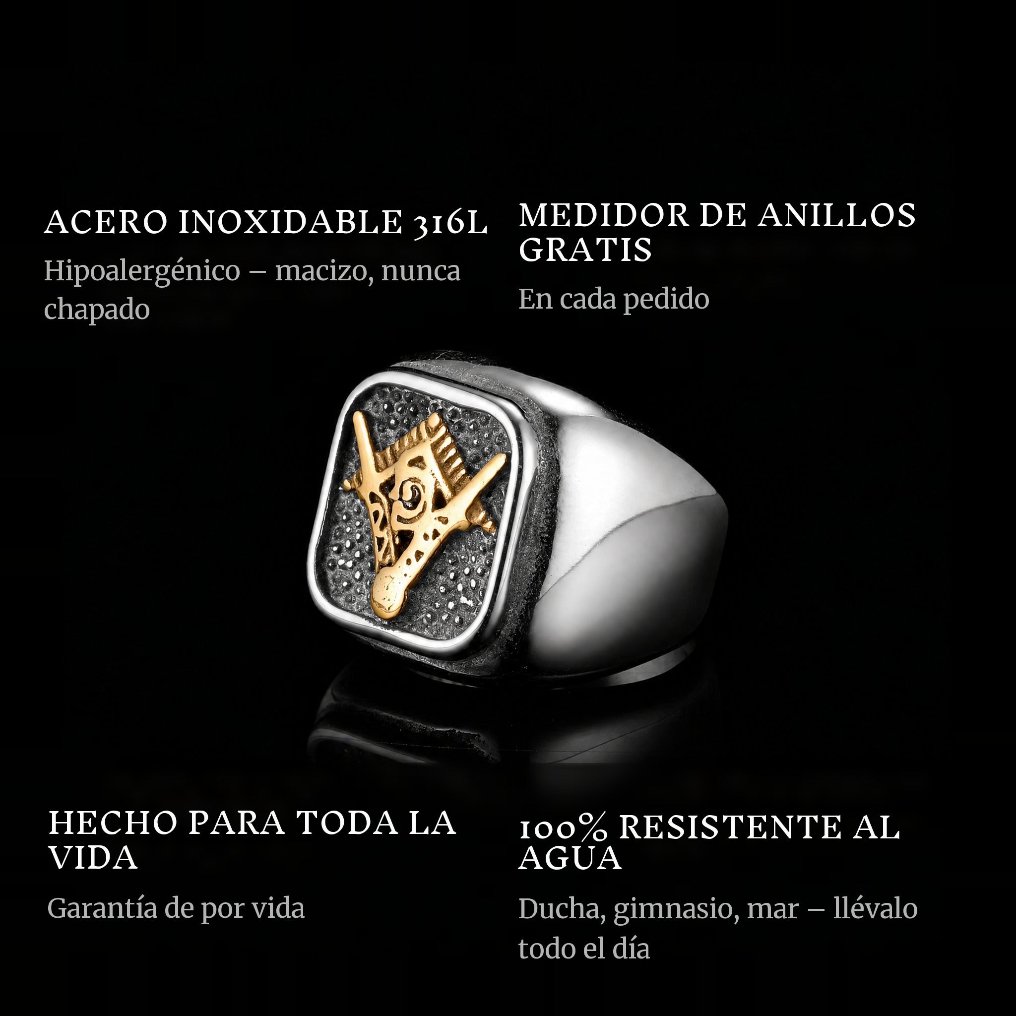 Free Mason ring features: 316L stainless steel, free ring sizer in every order, 100% waterproof, lifetime guarantee