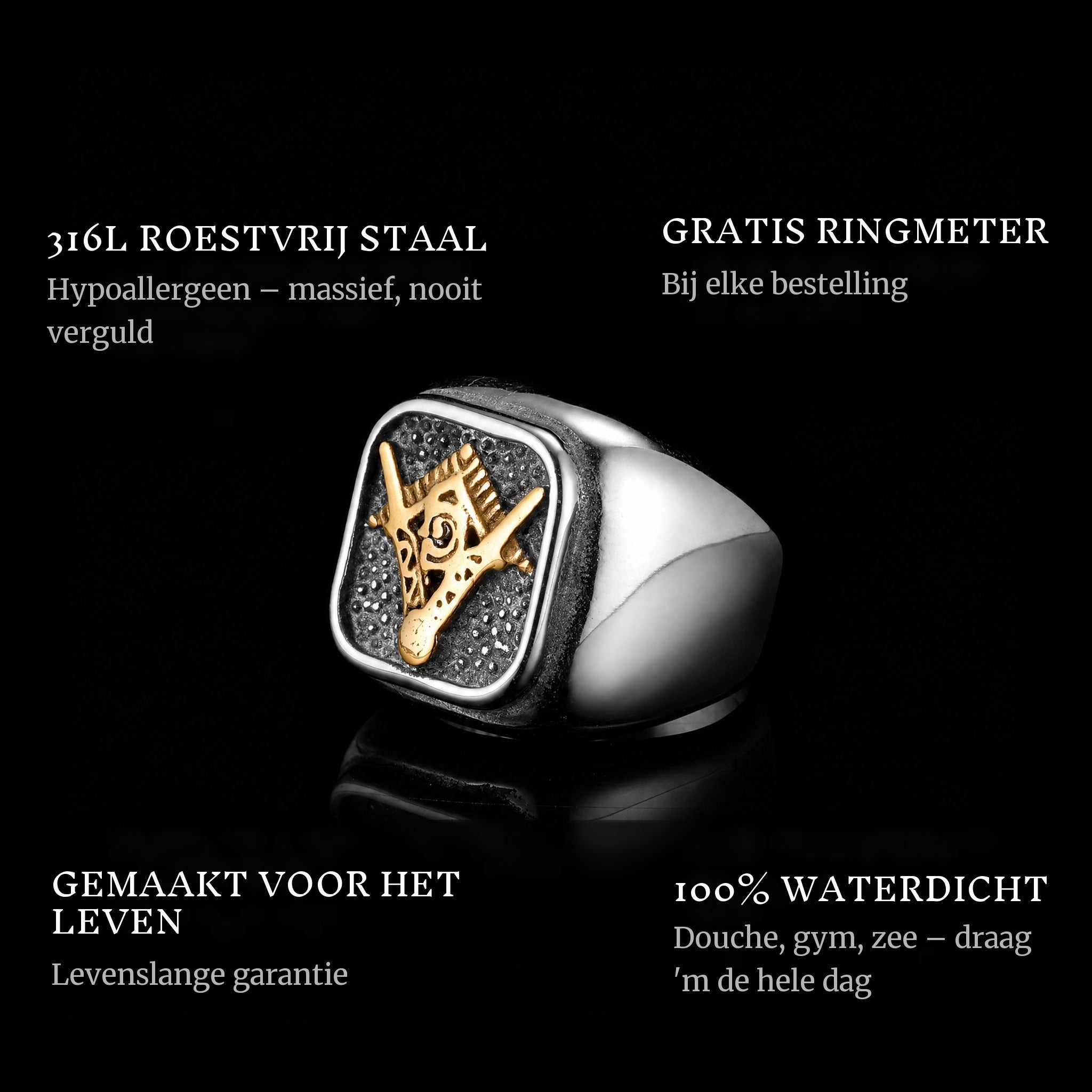 Free Mason ring features: 316L stainless steel, free ring sizer in every order, 100% waterproof, lifetime guarantee