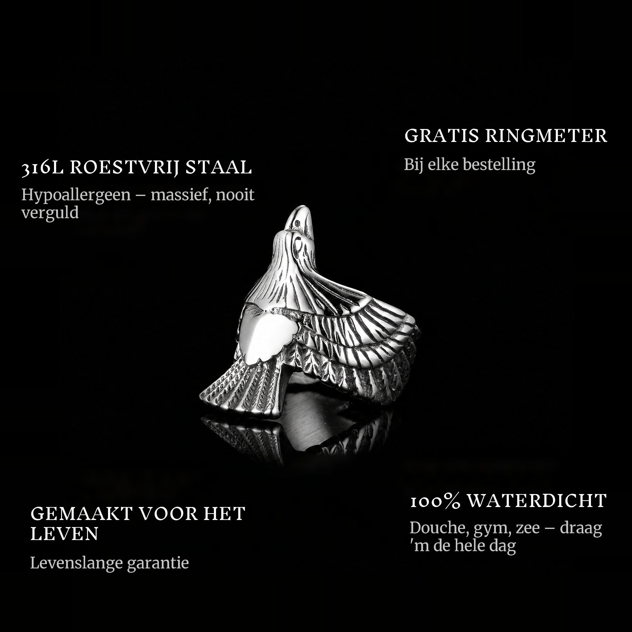 Freedom ring features: 316L stainless steel, free ring sizer in every order, 100% waterproof, lifetime guarantee