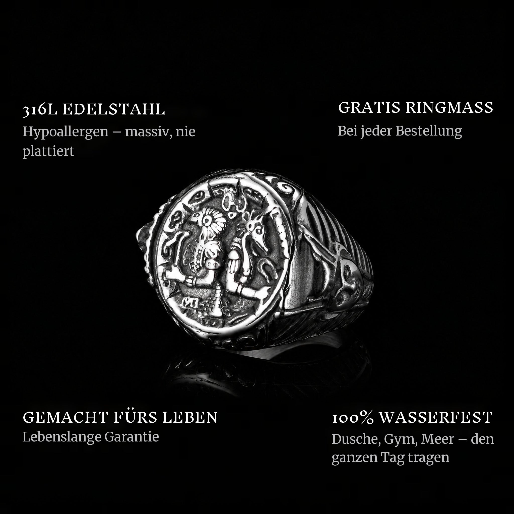 Gods Of Egypt ring features: 316L stainless steel, free ring sizer in every order, 100% waterproof, lifetime guarantee
