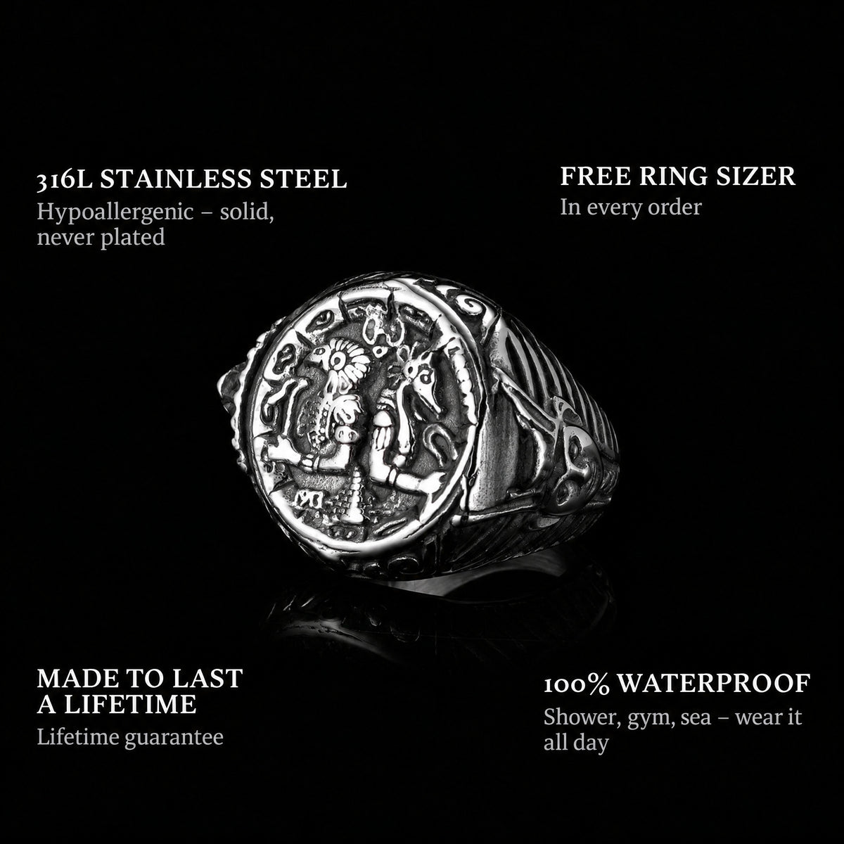 Gods Of Egypt ring features: 316L stainless steel, free ring sizer in every order, 100% waterproof, lifetime guarantee