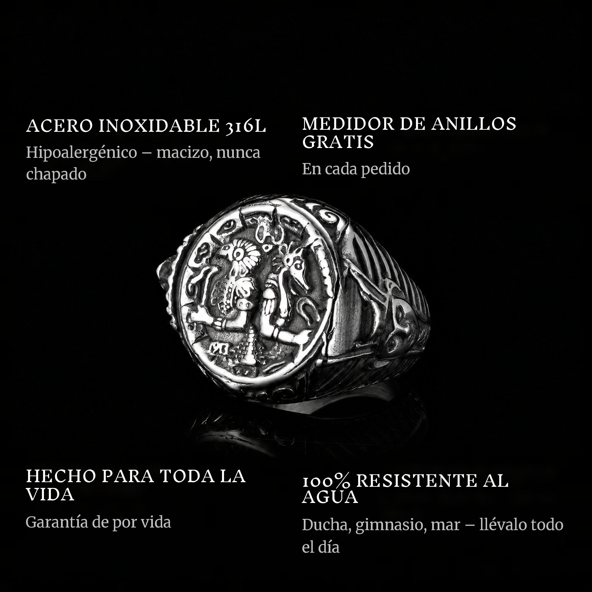 Gods Of Egypt ring features: 316L stainless steel, free ring sizer in every order, 100% waterproof, lifetime guarantee