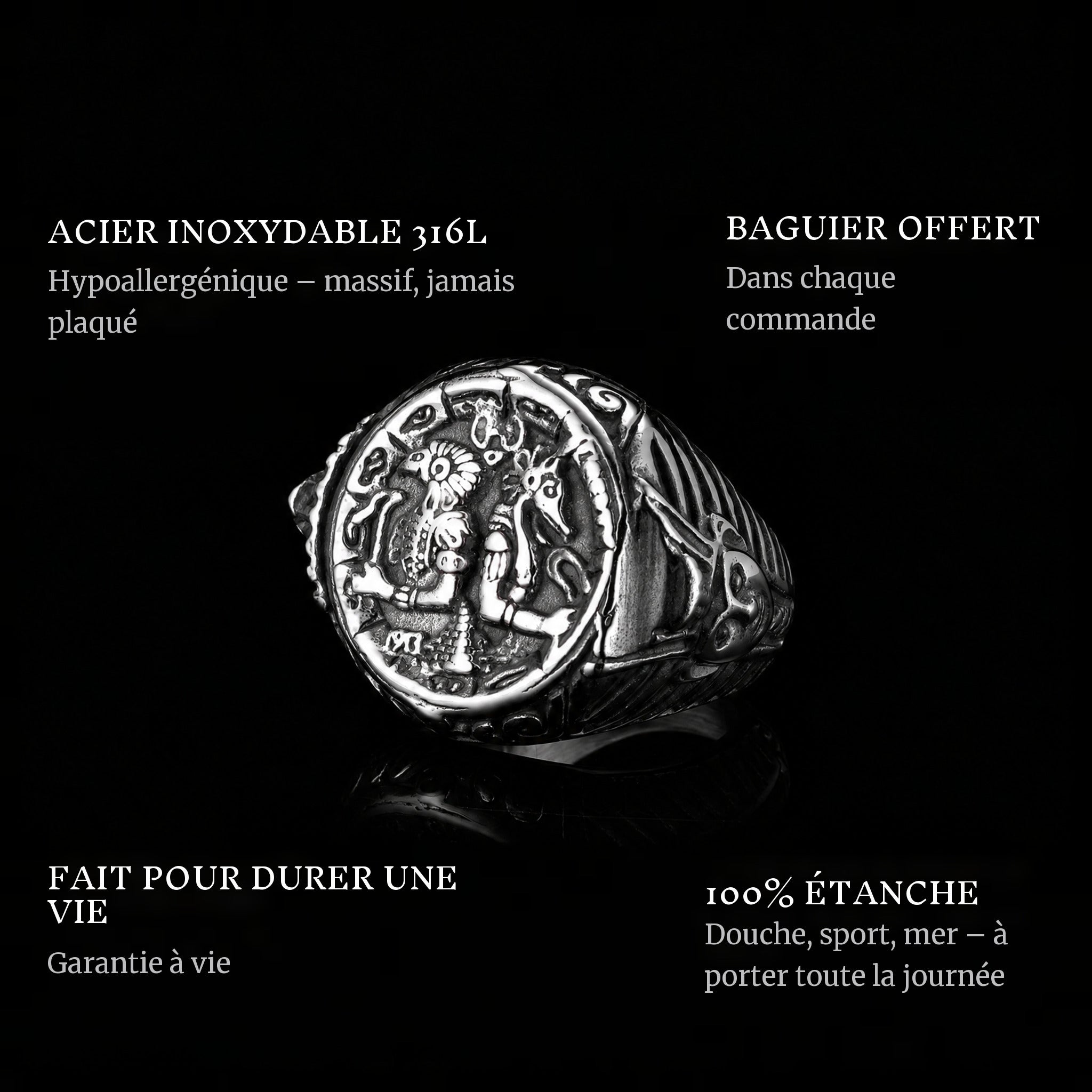 Gods Of Egypt ring features: 316L stainless steel, free ring sizer in every order, 100% waterproof, lifetime guarantee