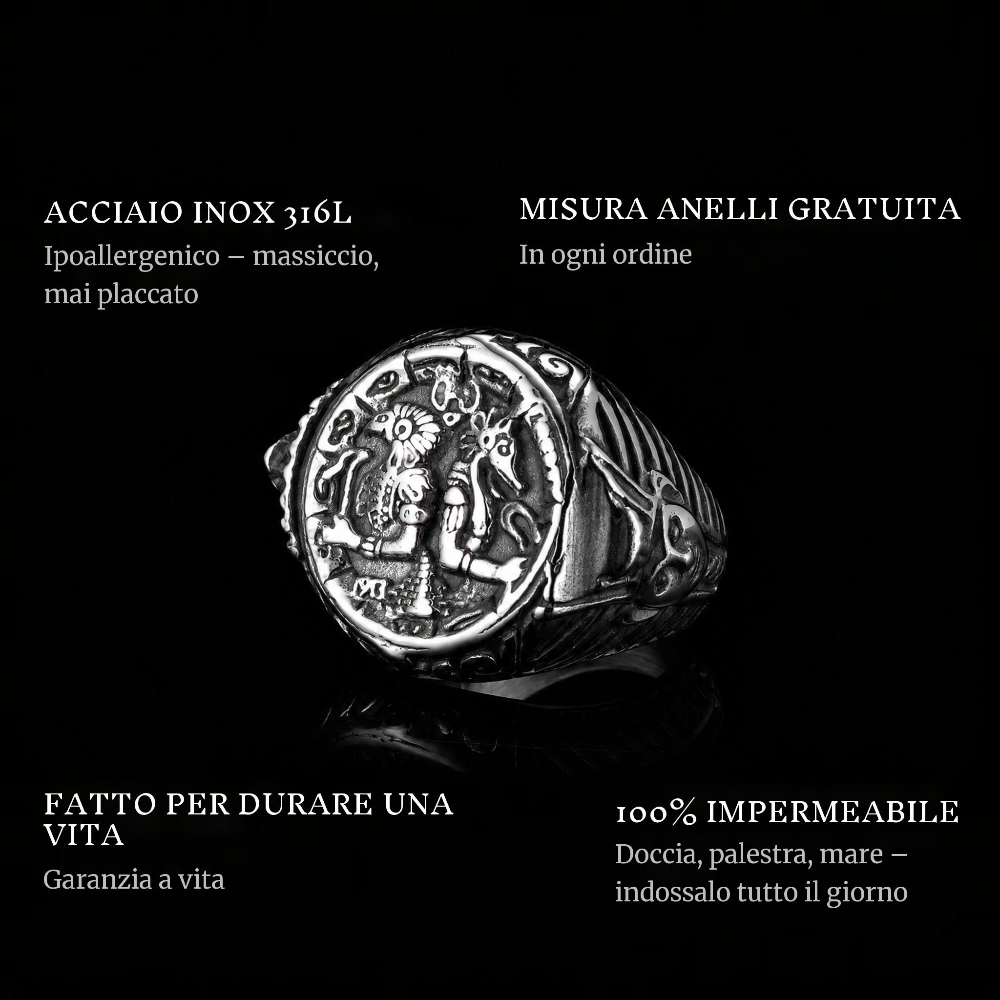 Gods Of Egypt ring features: 316L stainless steel, free ring sizer in every order, 100% waterproof, lifetime guarantee