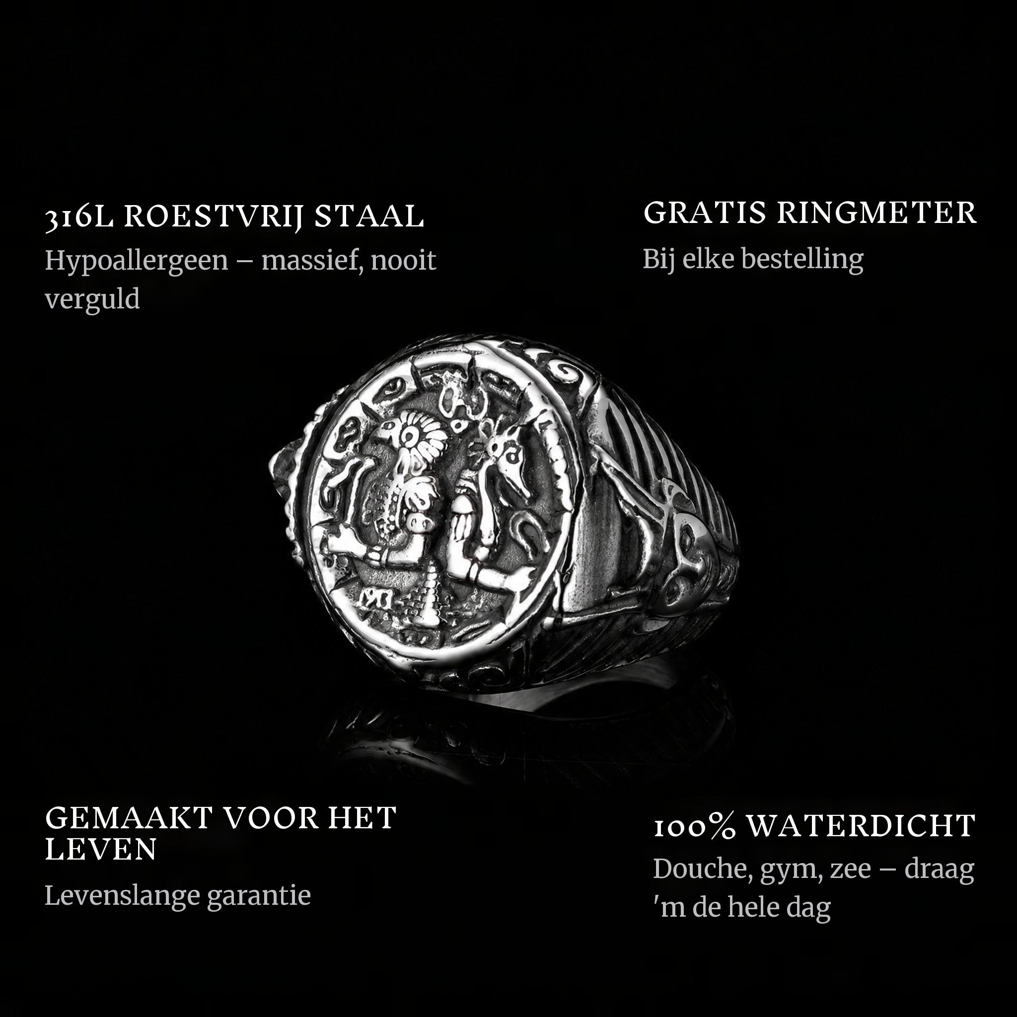 Gods Of Egypt ring features: 316L stainless steel, free ring sizer in every order, 100% waterproof, lifetime guarantee