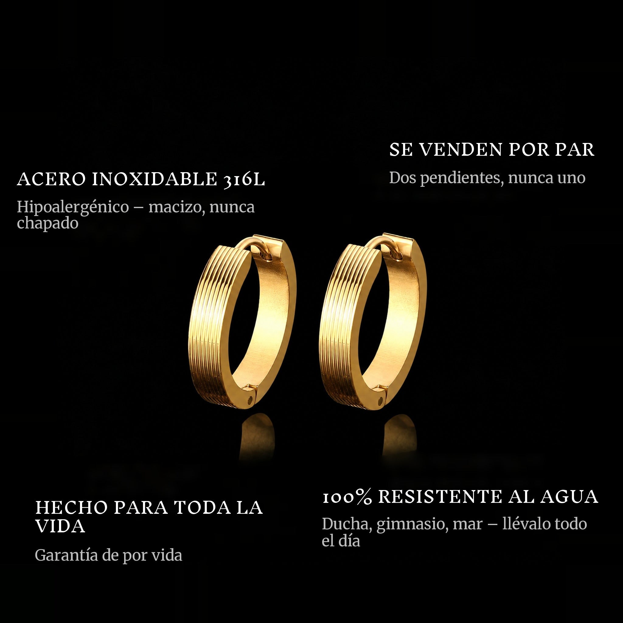 Gold Hoops features: 316L stainless steel, sold as a pair, 100% waterproof, lifetime guarantee