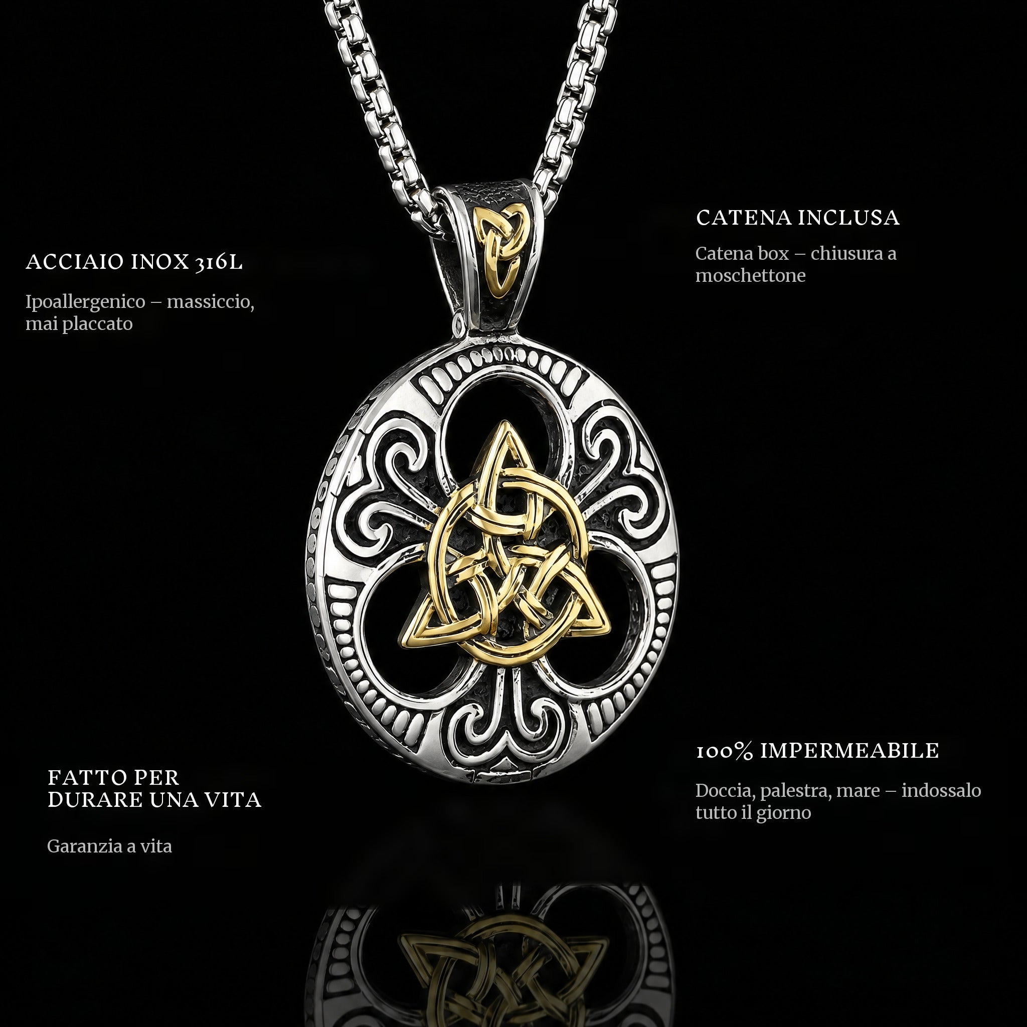 Golden pendant features: 316L stainless steel, chain included, 100% waterproof, lifetime guarantee