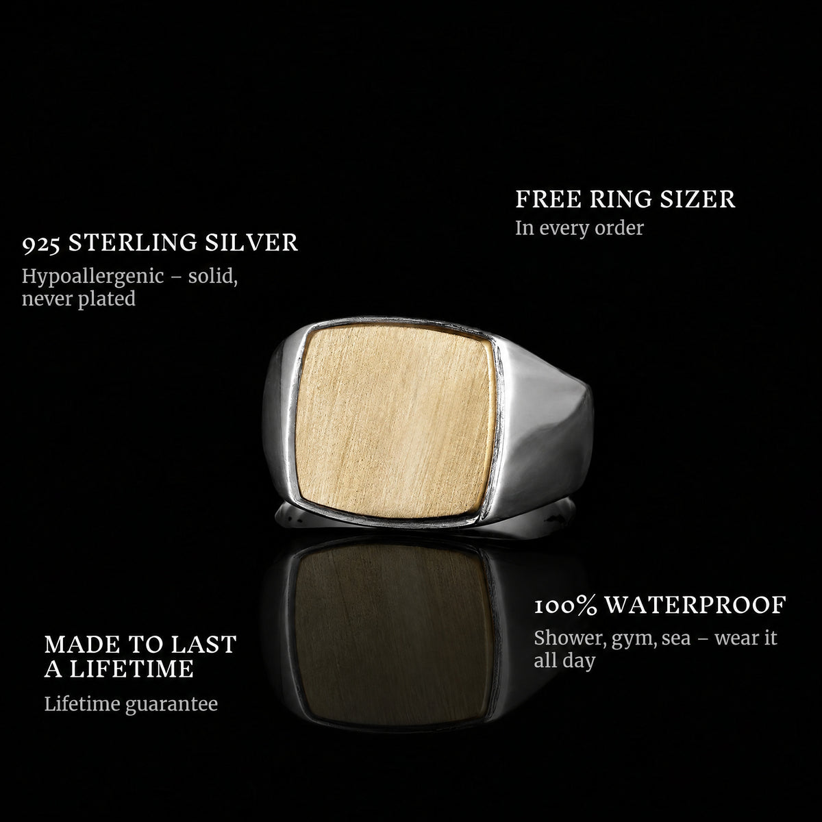 Golden World ring features: 925 sterling silver, free ring sizer in every order, 100% waterproof, lifetime guarantee