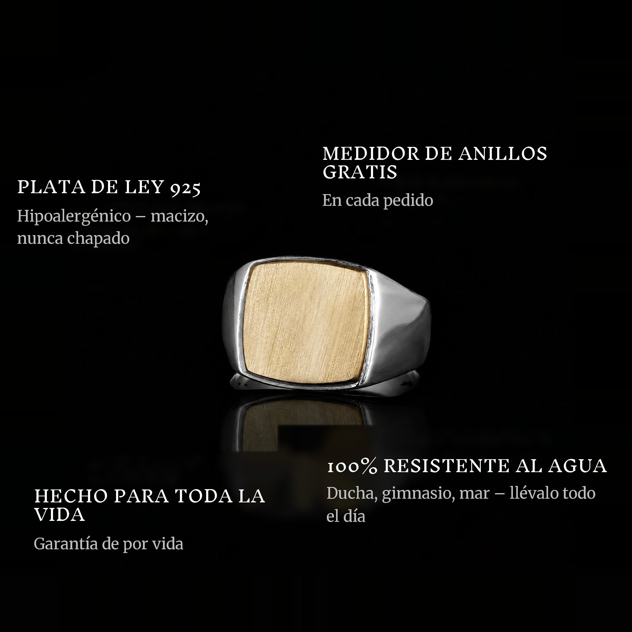Golden World ring features: 925 sterling silver, free ring sizer in every order, 100% waterproof, lifetime guarantee