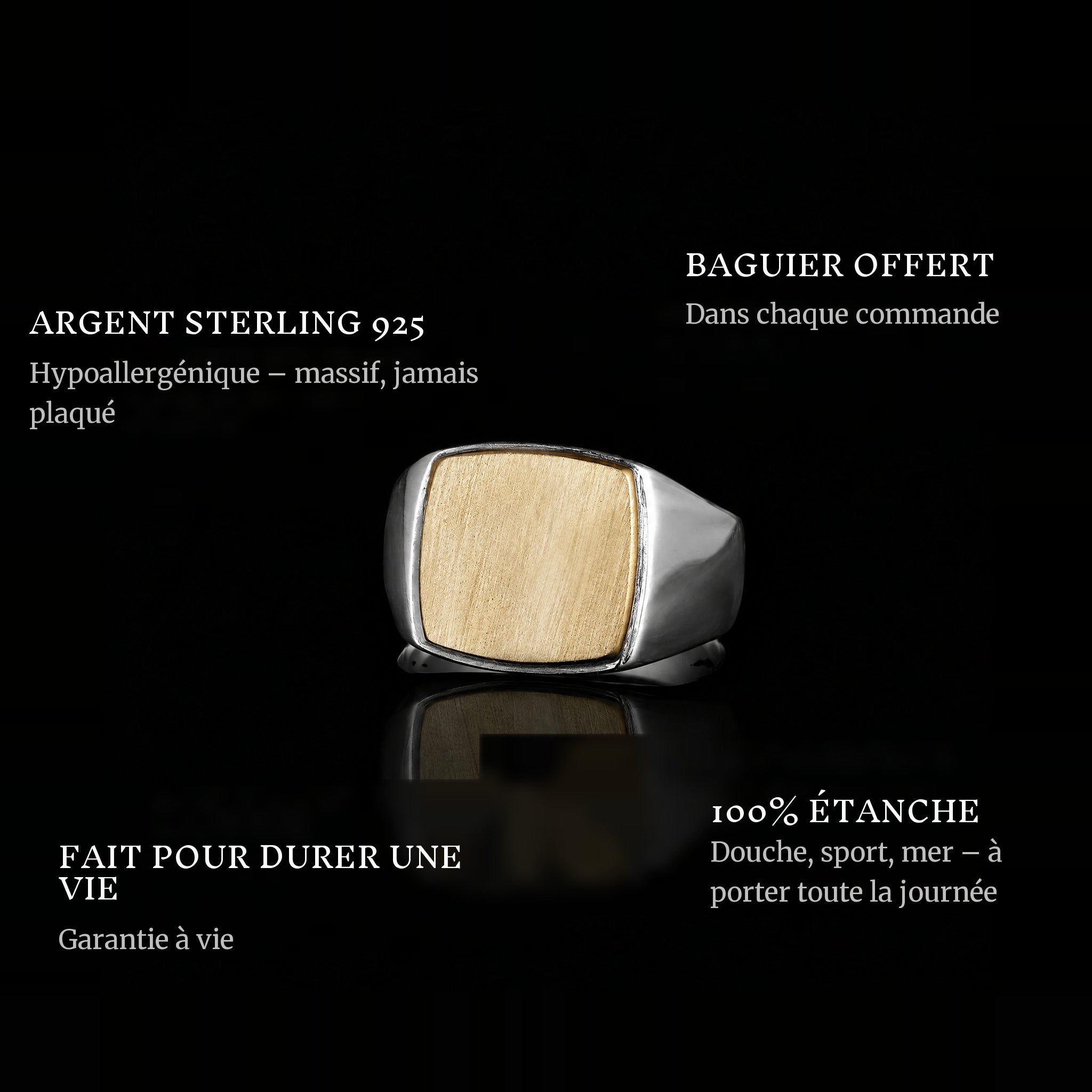 Golden World ring features: 925 sterling silver, free ring sizer in every order, 100% waterproof, lifetime guarantee