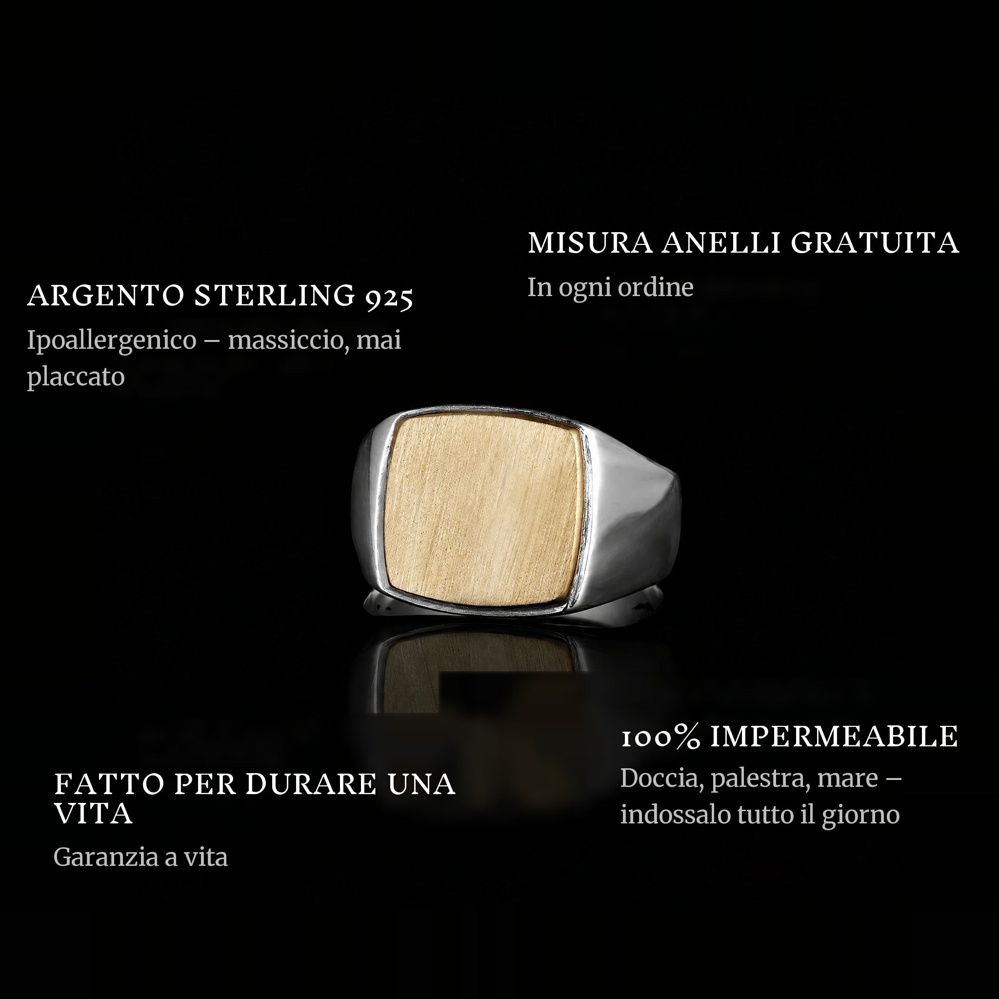 Golden World ring features: 925 sterling silver, free ring sizer in every order, 100% waterproof, lifetime guarantee