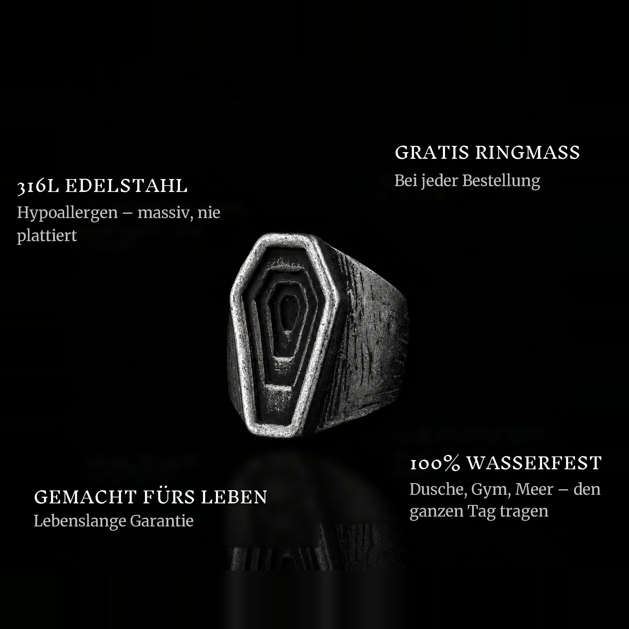Graves ring features: 316L stainless steel, free ring sizer in every order, 100% waterproof, lifetime guarantee