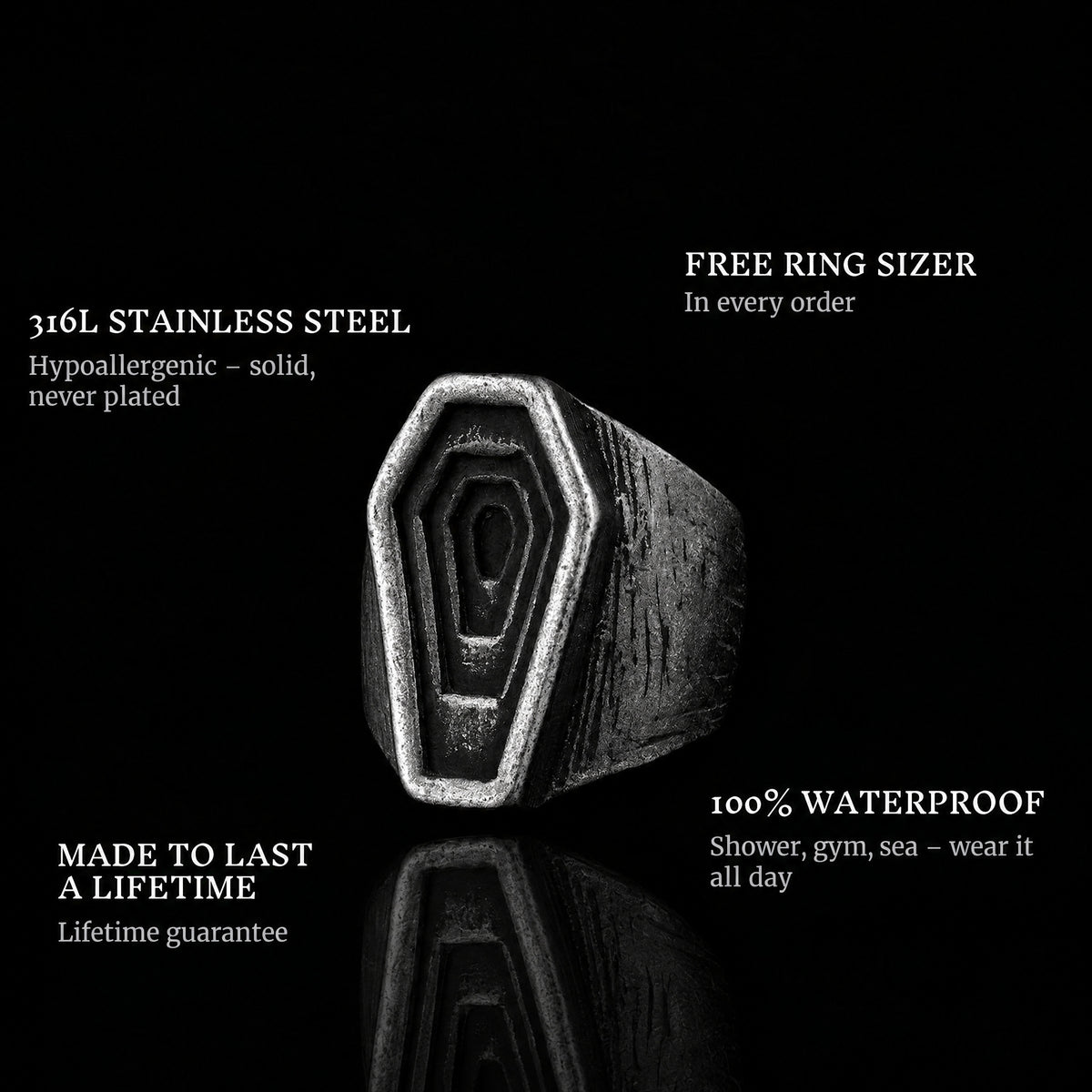 Graves ring features: 316L stainless steel, free ring sizer in every order, 100% waterproof, lifetime guarantee