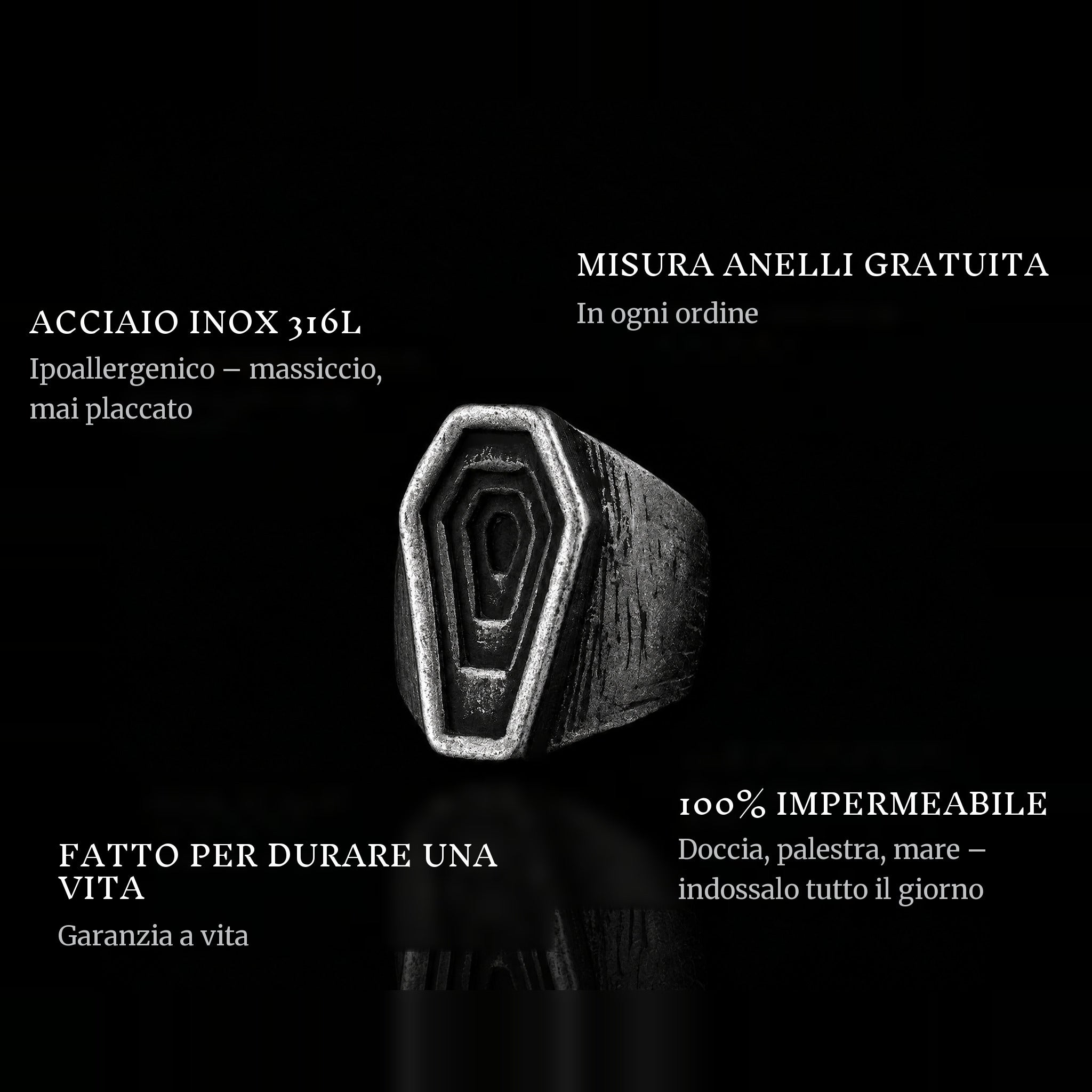 Graves ring features: 316L stainless steel, free ring sizer in every order, 100% waterproof, lifetime guarantee
